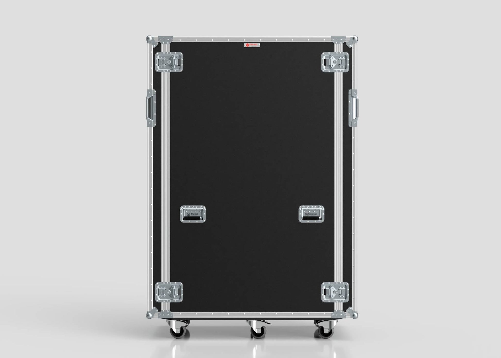 A 36U x 1032mm Suspended Shock Mounted Data Server Rack, black, with external dimensions of 1330 x 650 x 1922 mm, metal edges, reinforced corners, two side handles per side, and four bottom wheels, shown on a plain light background.