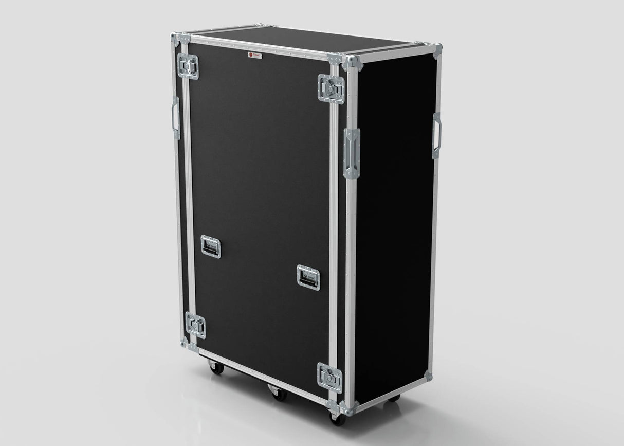 A 36U x 1032mm Suspended Shock Mounted Data Server Rack in black with silver metal edges, handles, and latches stands upright on four caster wheels (1330 x 650 x 1922 mm), shown against a plain white background.