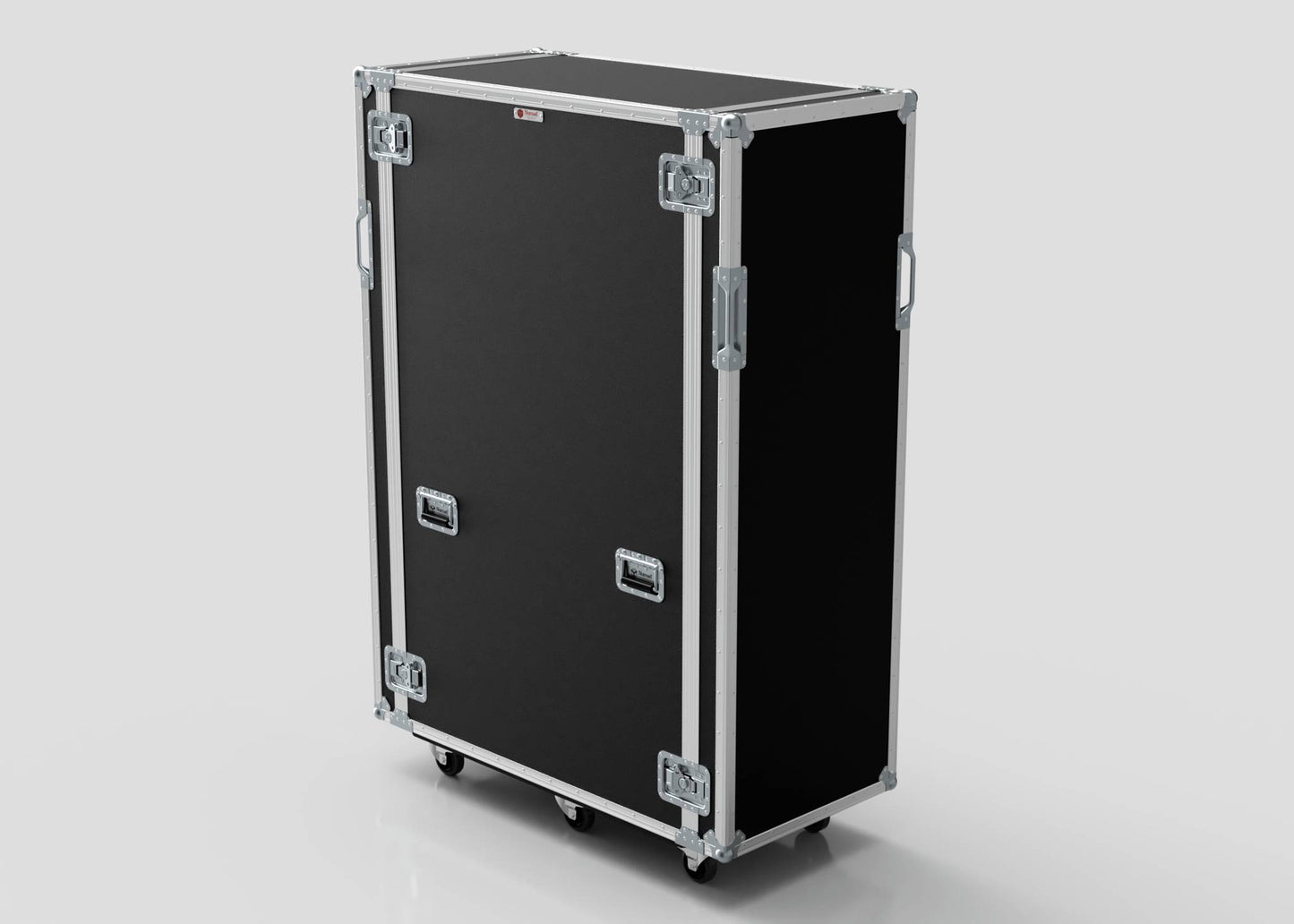 A 36U x 1032mm Suspended Shock Mounted Data Server Rack in black with silver metal edges, handles, and latches stands upright on four caster wheels (1330 x 650 x 1922 mm), shown against a plain white background.