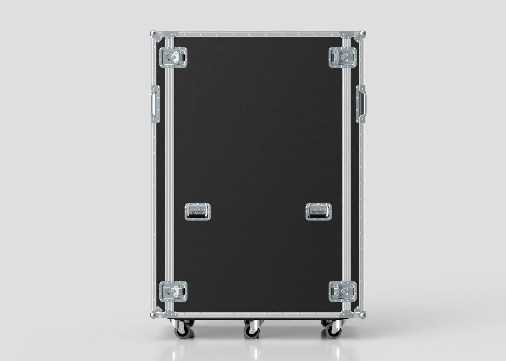 A 36U x 1032mm Suspended Shock Mounted Data Server Rack with black rectangular design, metal edges, latches, and handles stands upright on four caster wheels (1330 x 650 x 1922 mm) against a plain light background.