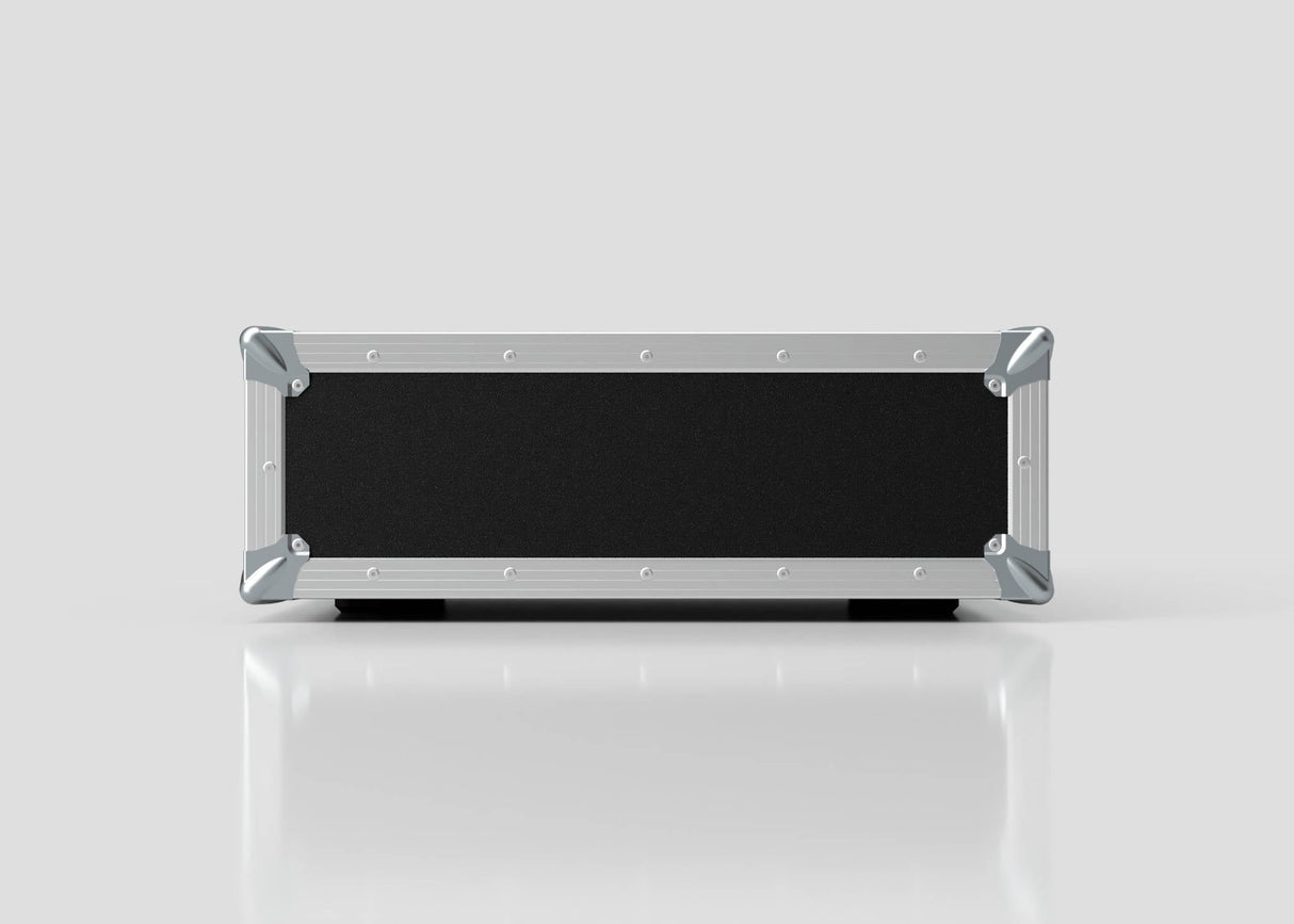The 3U Foam Shock Mounted 19" Rack Case is a rectangular black and silver equipment case made from European Birch plywood with metal corner protectors, shown from the front against a plain light background.
