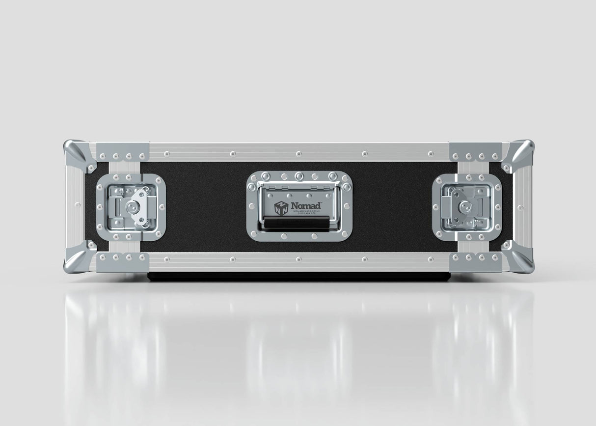 The 3U Foam Shock Mounted 19" Rack Case, in black and silver with reinforced metal corners, latches, handle, and Nomad logo, offers secure, durable transport—matching the strength of European Birch plywood designs.