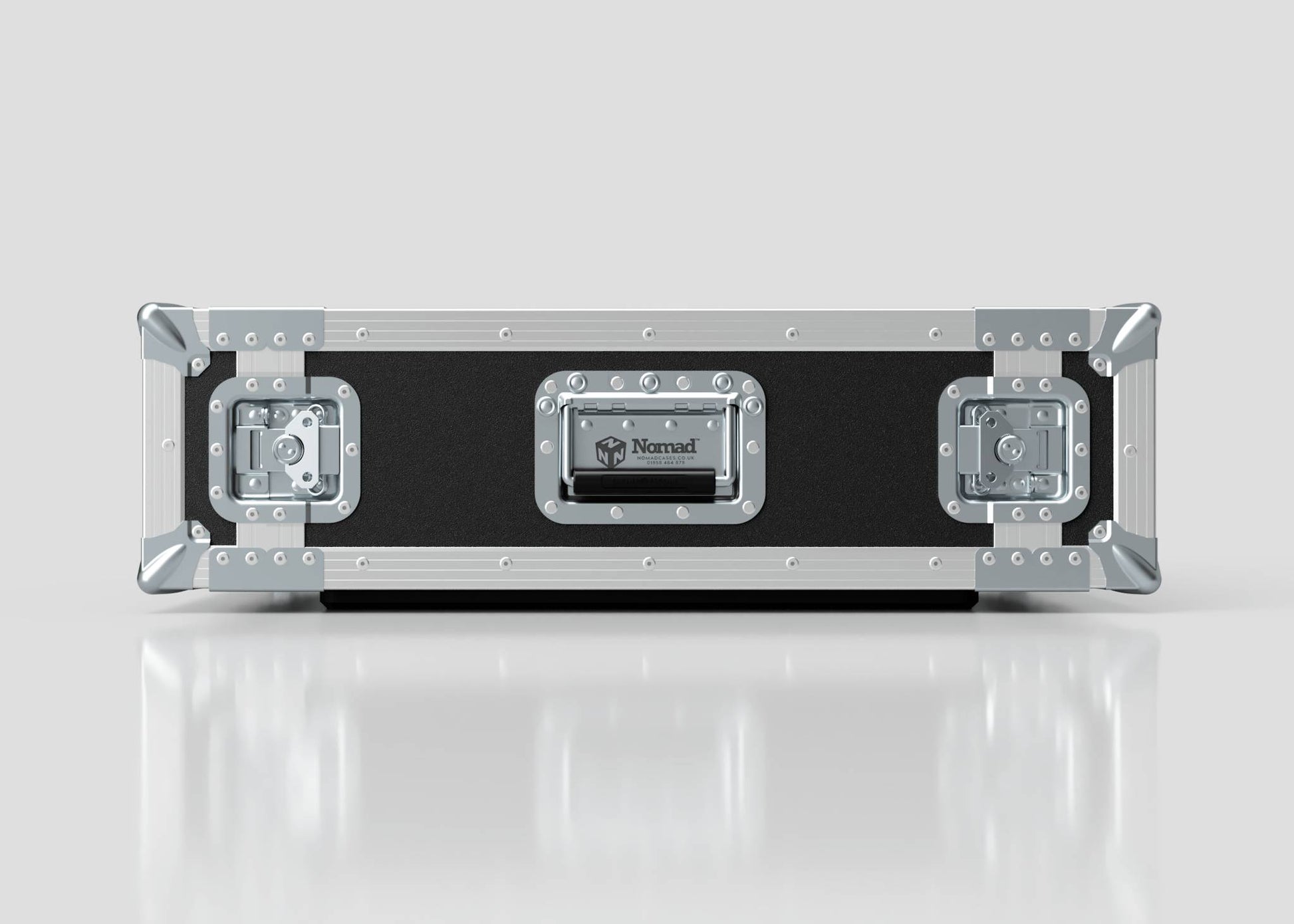 The 3U Foam Shock Mounted 19" Rack Case, in black and silver with reinforced metal corners, latches, handle, and Nomad logo, offers secure, durable transport—matching the strength of European Birch plywood designs.