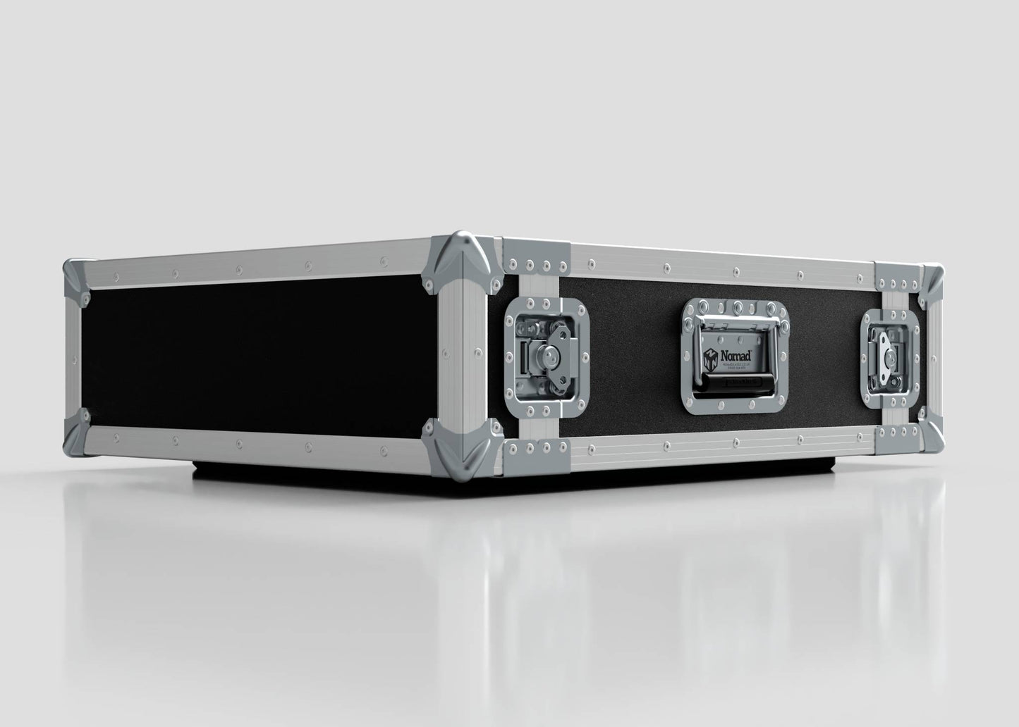 The 3U Foam Shock Mounted 19" Rack Case, featuring black and silver finish, reinforced metal corners and edges, heavy-duty latches, a side handle, and a foam mount rack, sits on a reflective white surface.