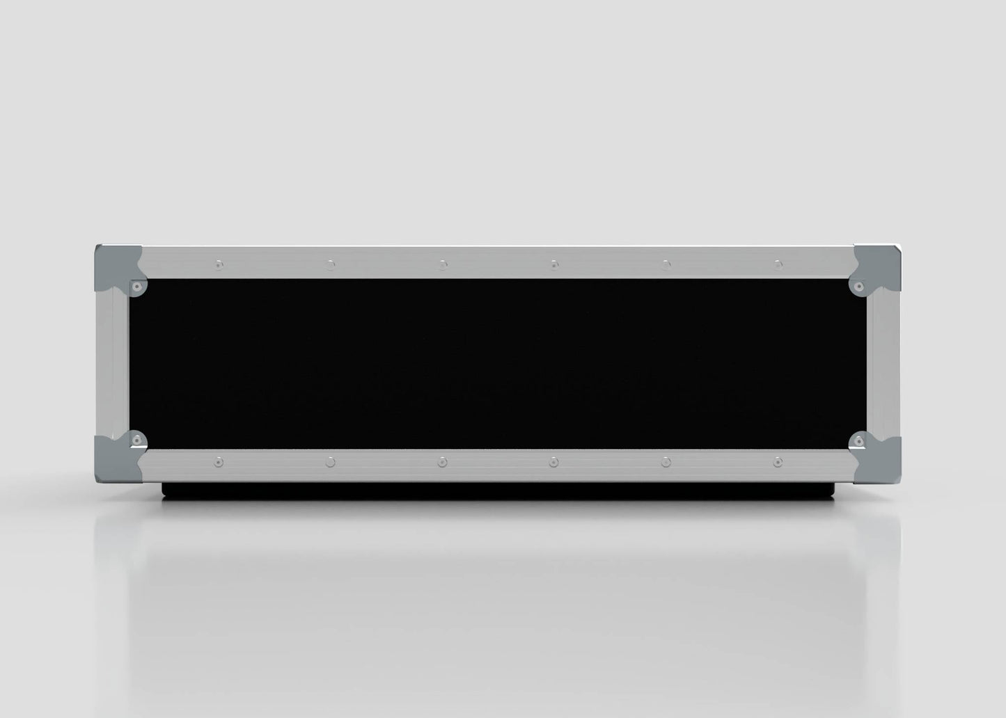 The 3U Shock Mount Slam Rack Case is pictured closed, featuring a rectangular black and silver metal design, photographed from the front against a plain light background.