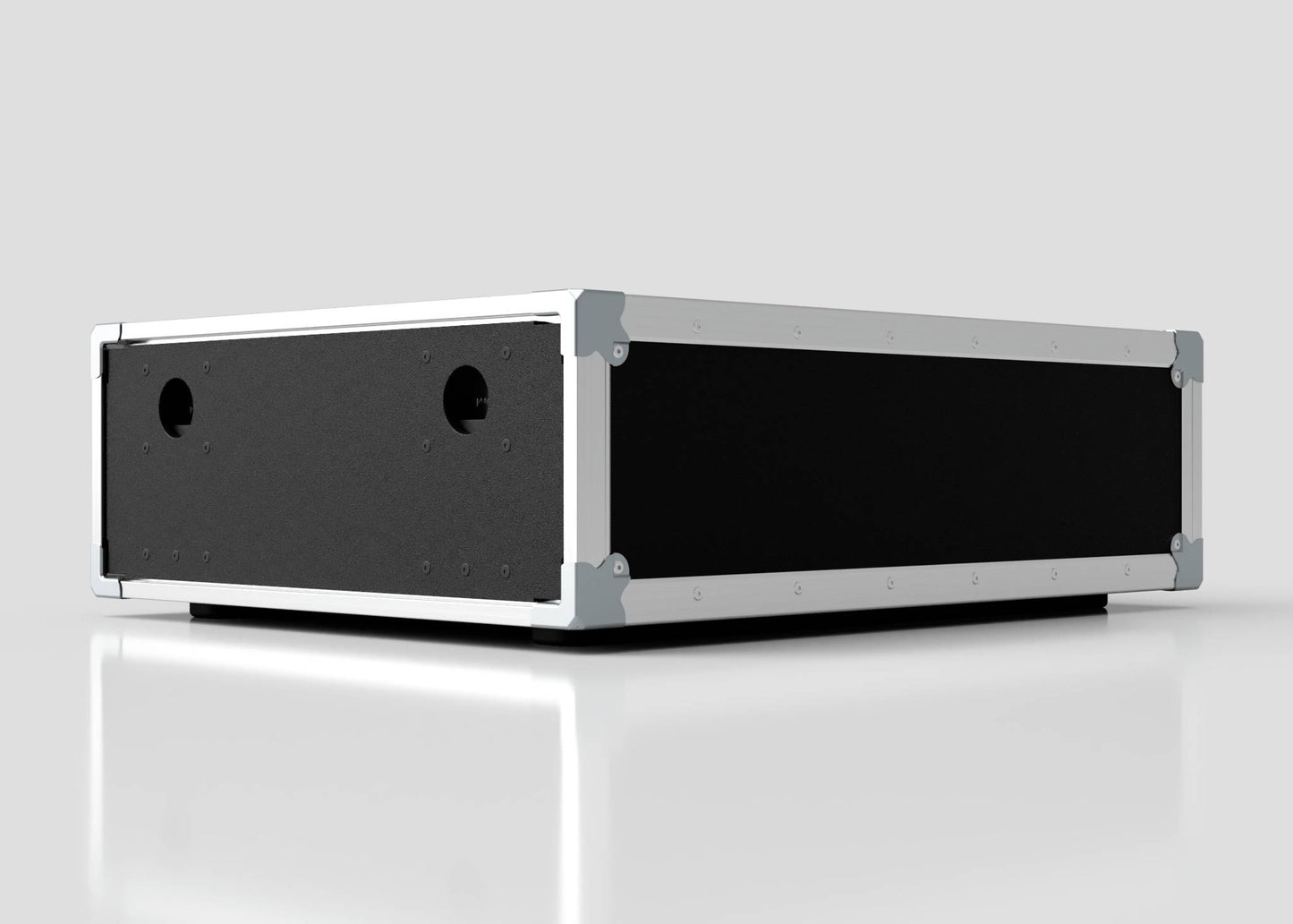 The 3U Shock Mount Slam Rack Case is a black and silver equipment case featuring metal corner protectors and two circular openings on the front panel, shown on a reflective white surface.