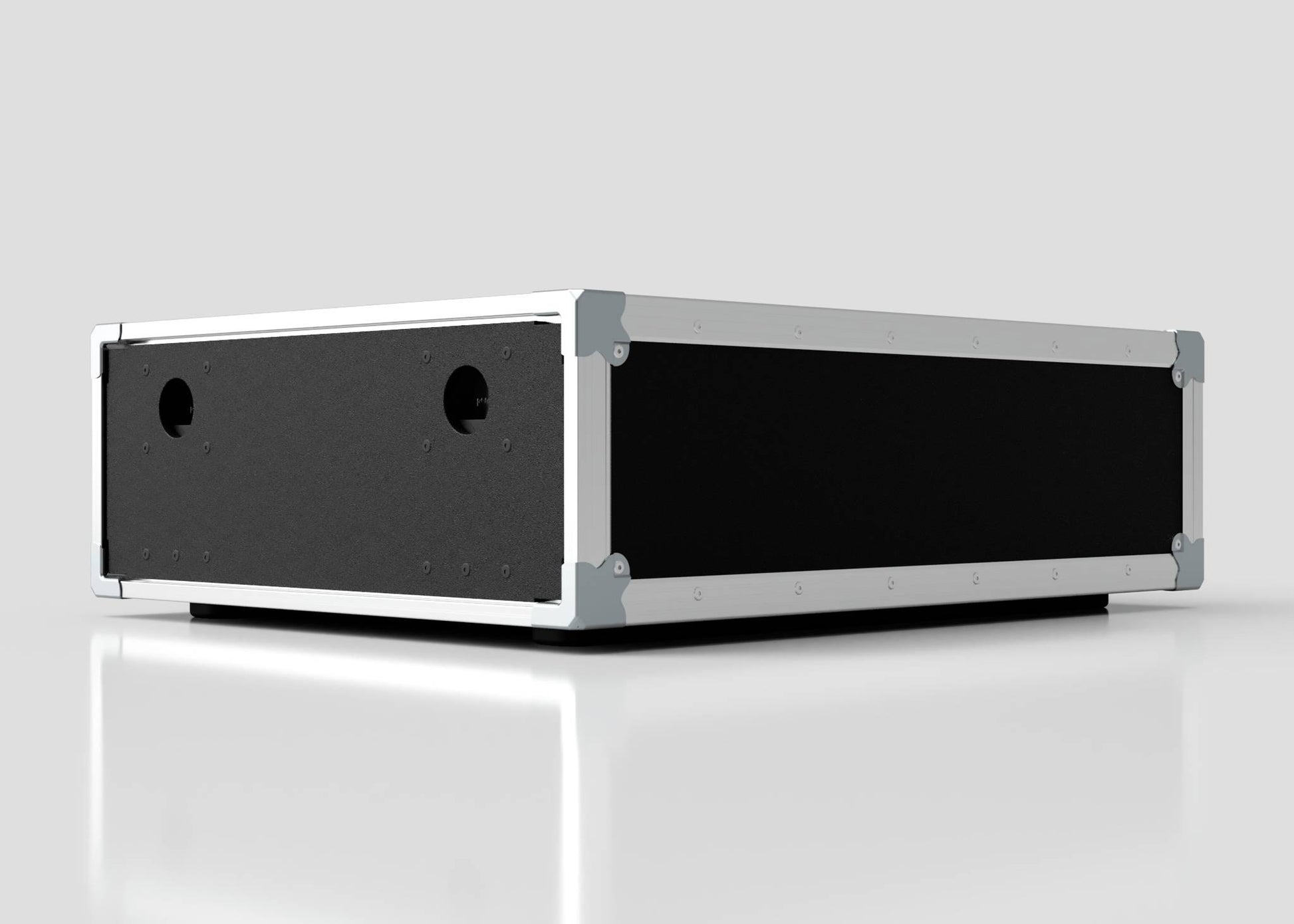 The 3U Shock Mount Slam Rack Case is a black and silver equipment case featuring metal corner protectors and two circular openings on the front panel, shown on a reflective white surface.