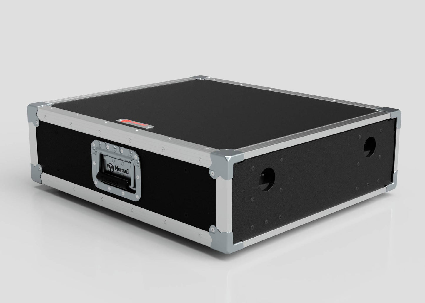 The 3U Slam Rack Case is a black rectangular hard case with metal edges, a front handle, and two circular holes on one side. Its external dimensions are 643 x 561 x 204 mm, and it is placed on a white surface.