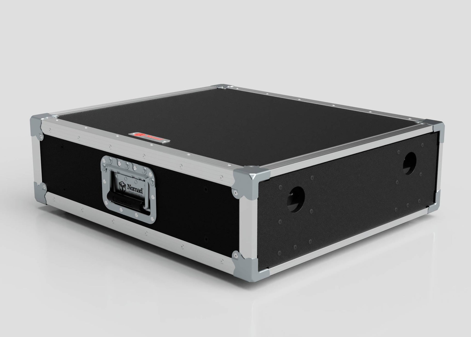 The 3U Slam Rack Case is a black rectangular hard case with metal edges, a front handle, and two circular holes on one side. Its external dimensions are 643 x 561 x 204 mm, and it is placed on a white surface.