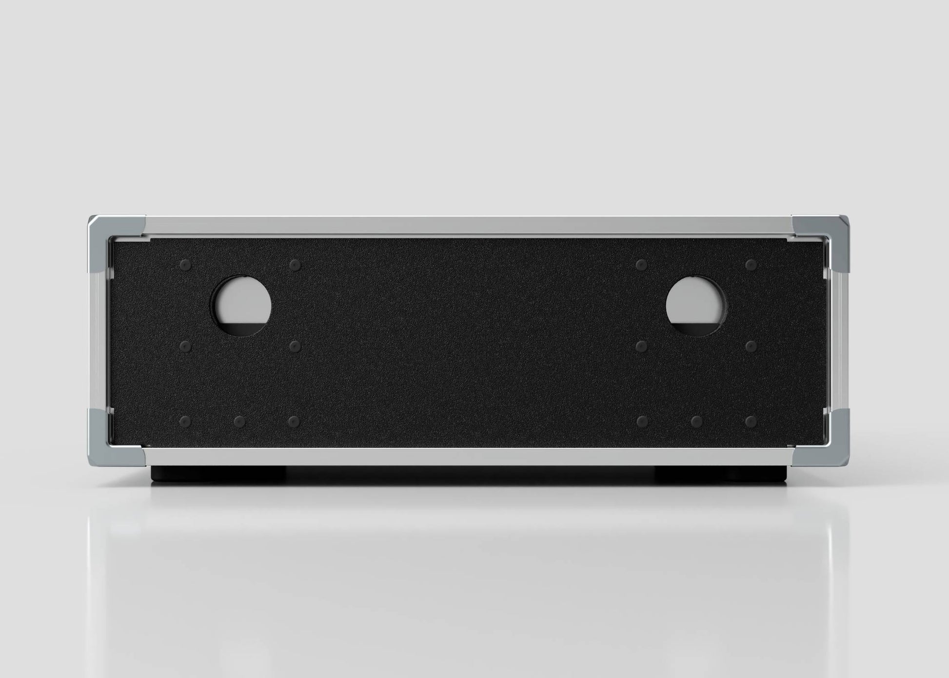 The 3U Slam Rack Case is a rectangular metal enclosure with a black front panel featuring two circular holes, shown against a plain light background. Its external dimensions are 643 x 561 x 204 mm.