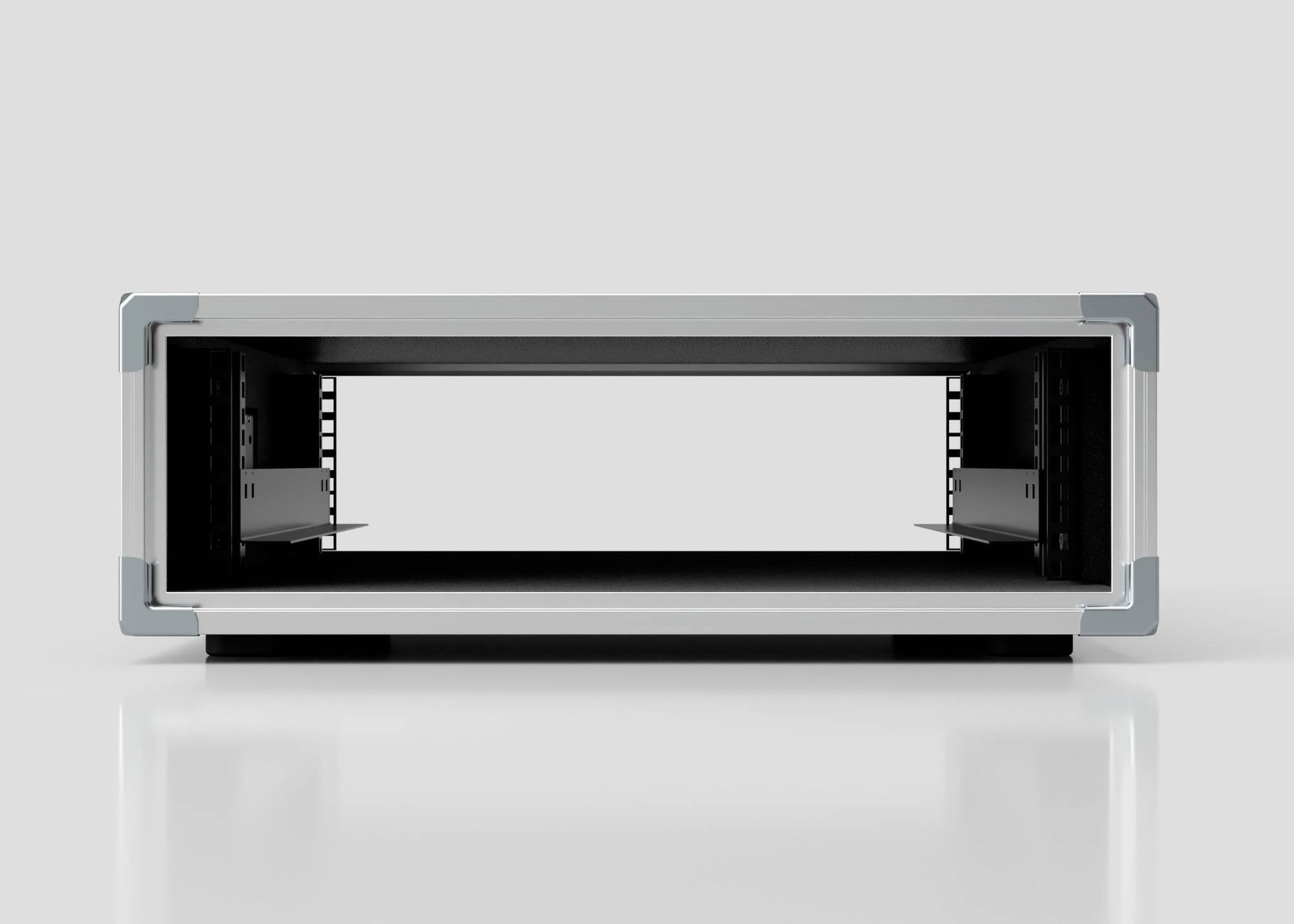 Front view of an empty 3U Slam Rack Case on a white reflective surface, showing an open slot and internal rails for mounting equipment. External dimensions: 643 x 561 x 204 mm.
