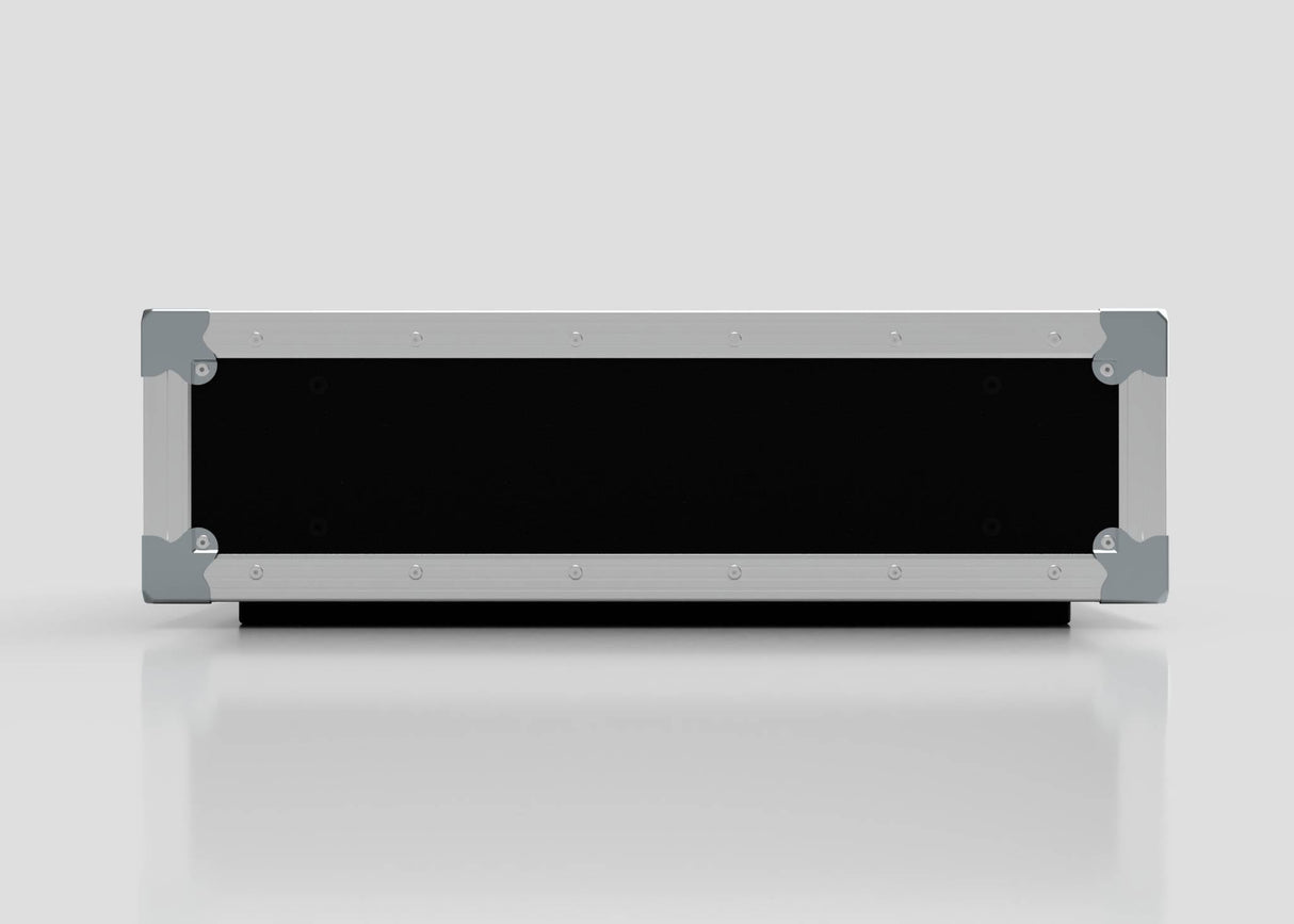 The 3U Slam Rack Case, a rectangular black and silver metal case with reinforced corners, is displayed on a plain white background, emphasizing its sturdy build and external dimensions of 643 x 561 x 204 mm.