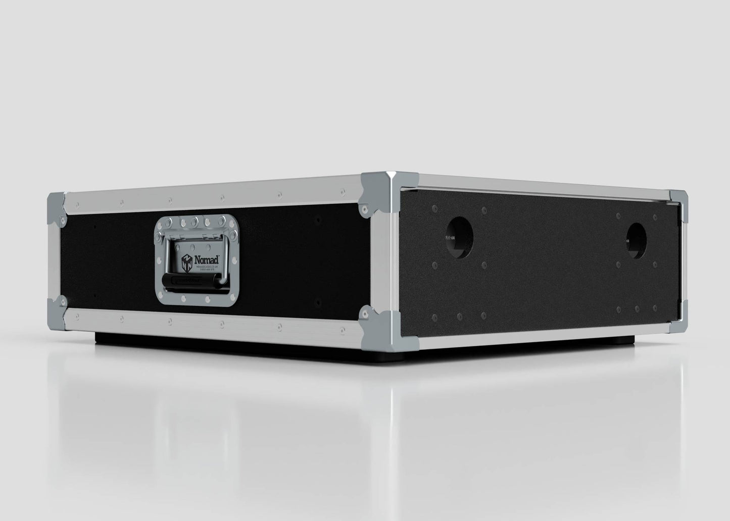 A 3U Slam Rack Case, a rectangular black and silver hard case with metal reinforcements, front handle, and side circular cutouts (external dimensions: 643 x 561 x 204 mm), is placed on a white surface.