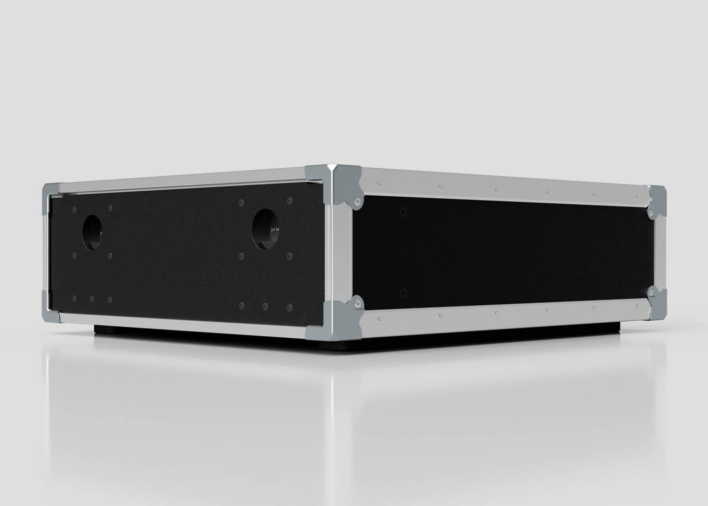 The 3U Slam Rack Case, featuring a black rectangular design with metal edges and reinforced corners, is displayed against a plain light background. Its external dimensions are 643 x 561 x 204 mm.