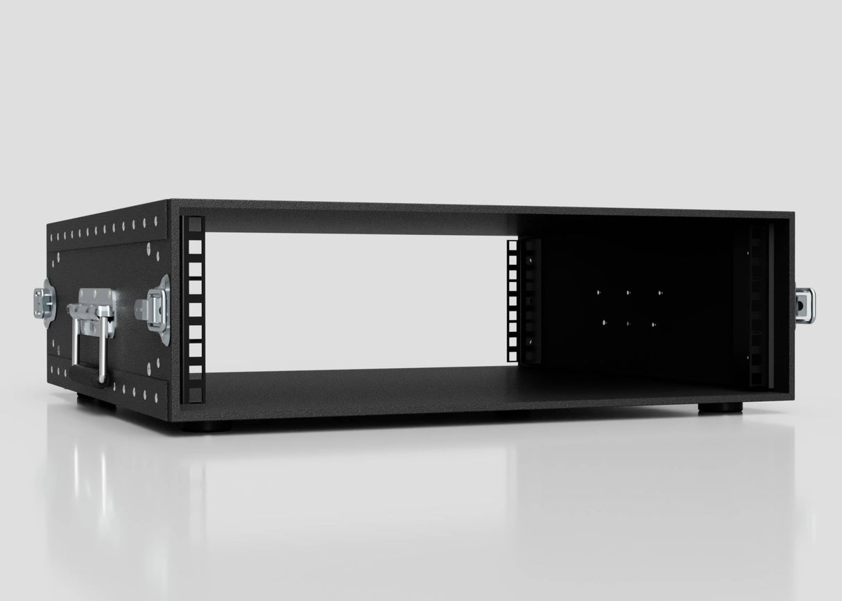 The 3U Lite Guard™ Standard Rack Case, a lightweight HDPE 19-inch rack with open front/back, metal side handles, and perforated side rails, provides reliable protection—shown on a reflective surface with a plain background.
