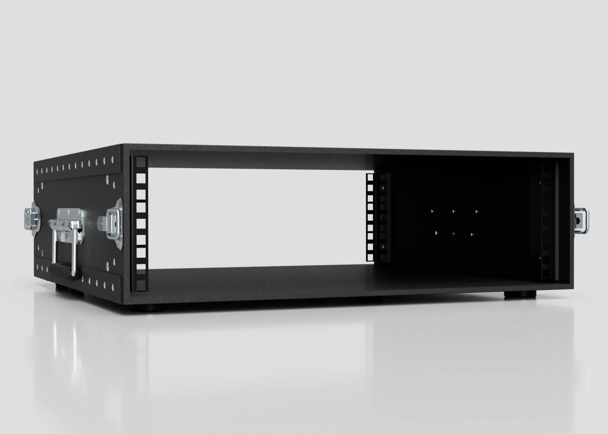 The 3U Standard Poly Rack Case is a black, empty rackmount case with metal handles and front ventilation holes—ideal for those seeking lightweight flight cases or versatile poly racks.