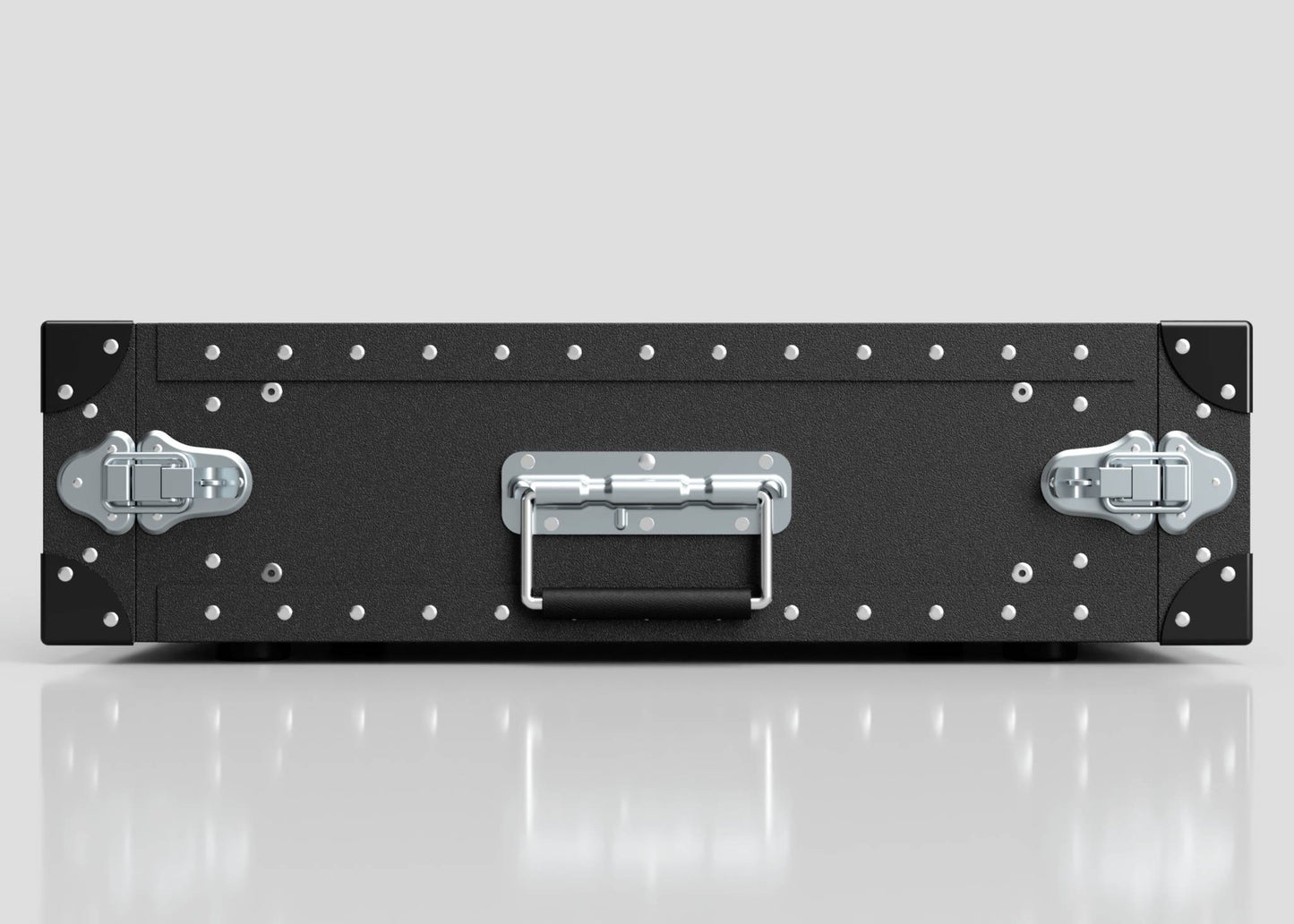 The 3U Standard Poly Rack Case, black and lightweight with metal corners, rivets, padlockable latches, and a central handle, is shown closed against a neutral background.