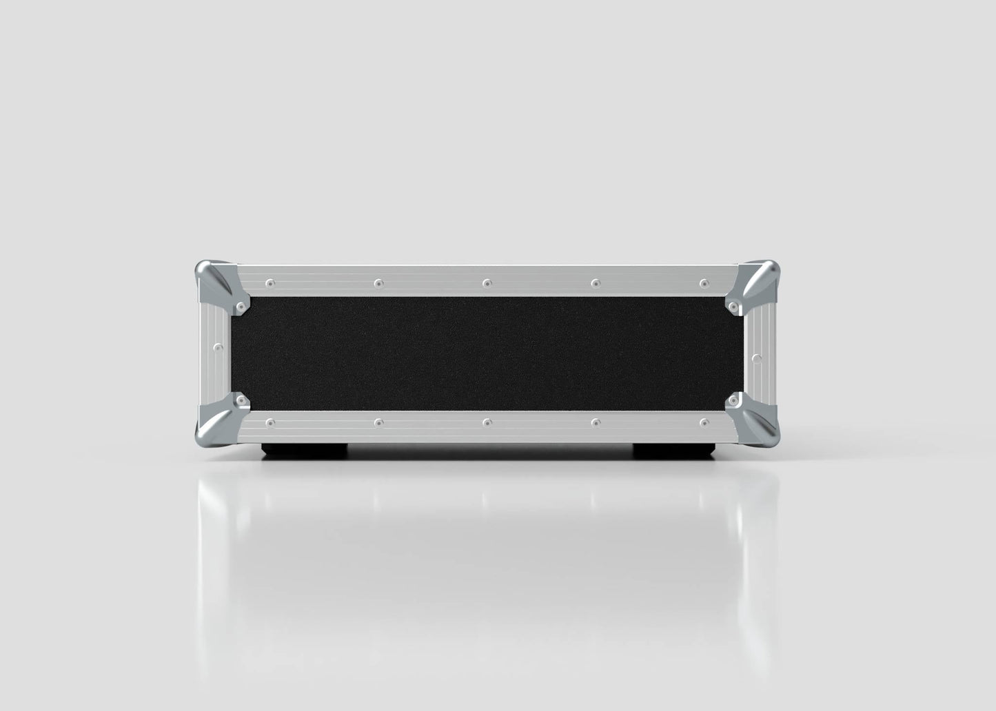 The 3U Standard Rack Case, rectangular in shape with a black and silver finish, sits on a reflective white surface against a plain light gray background, viewed from the front to showcase reliable equipment protection.