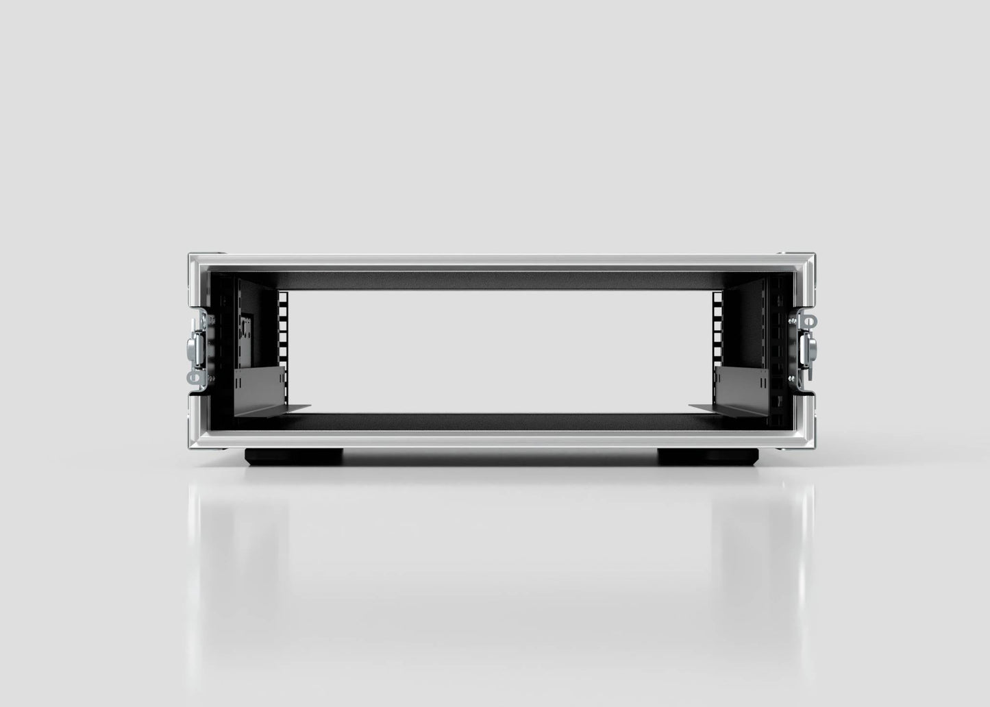 Front view of an empty 3U Standard Rack Case with side handles, designed for reliable equipment protection, shown on a reflective white surface against a plain background.
