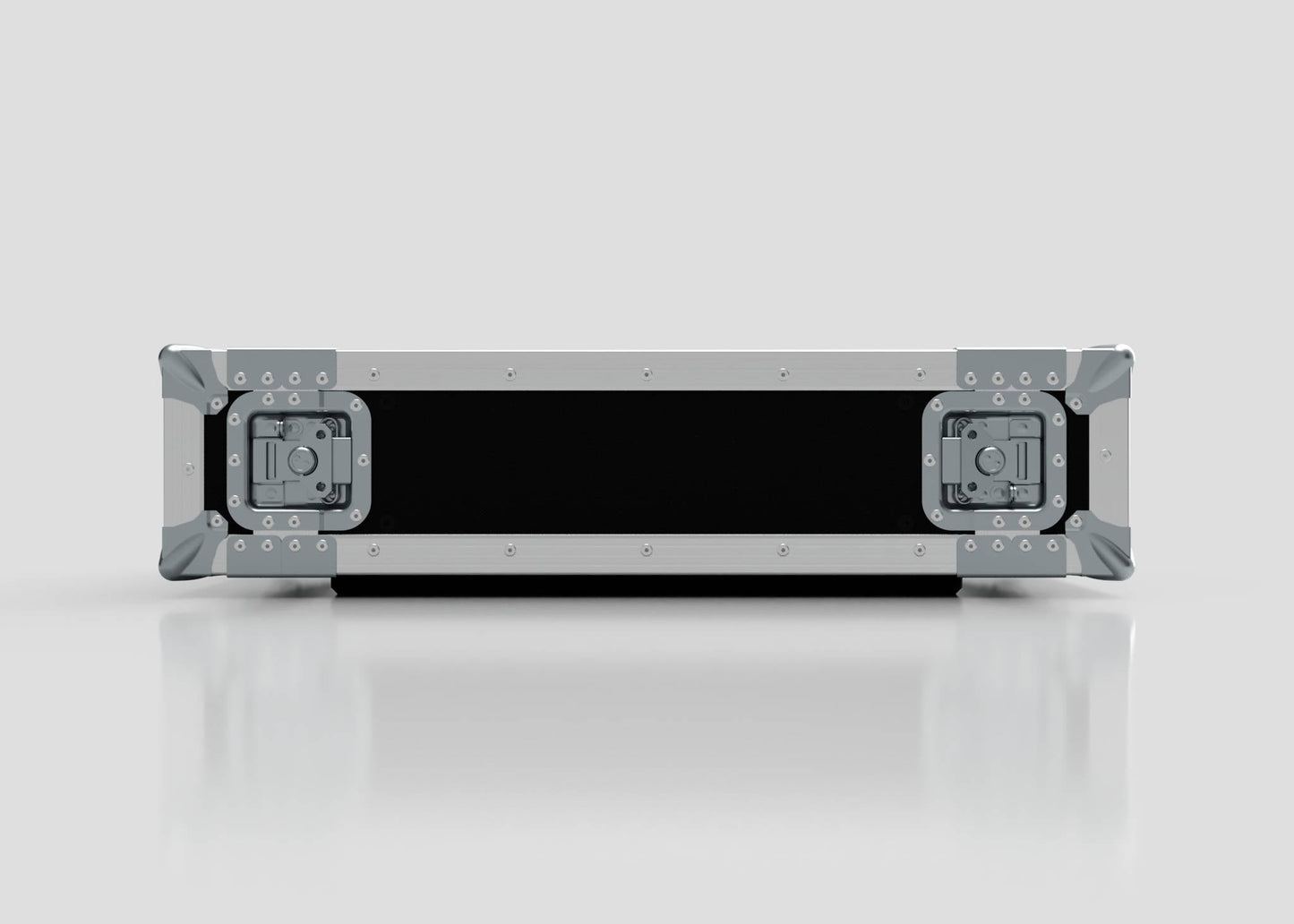 The 3U Standard Rack Case, featuring black and silver colors with metal corners and latches for equipment protection, is shown closed and lying flat on a reflective white surface.