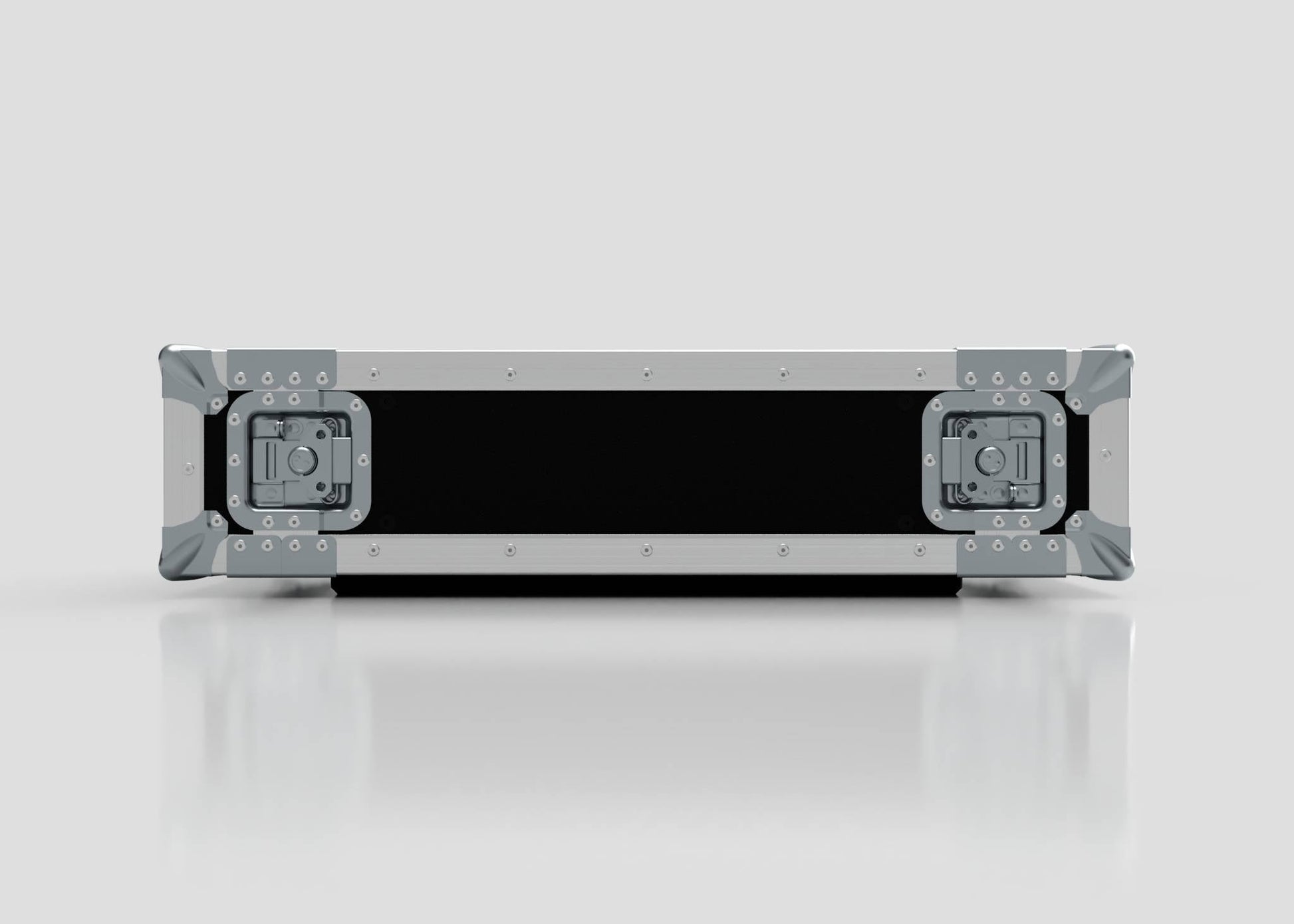 The 3U Standard Rack Case, featuring black and silver colors with metal corners and latches for equipment protection, is shown closed and lying flat on a reflective white surface.