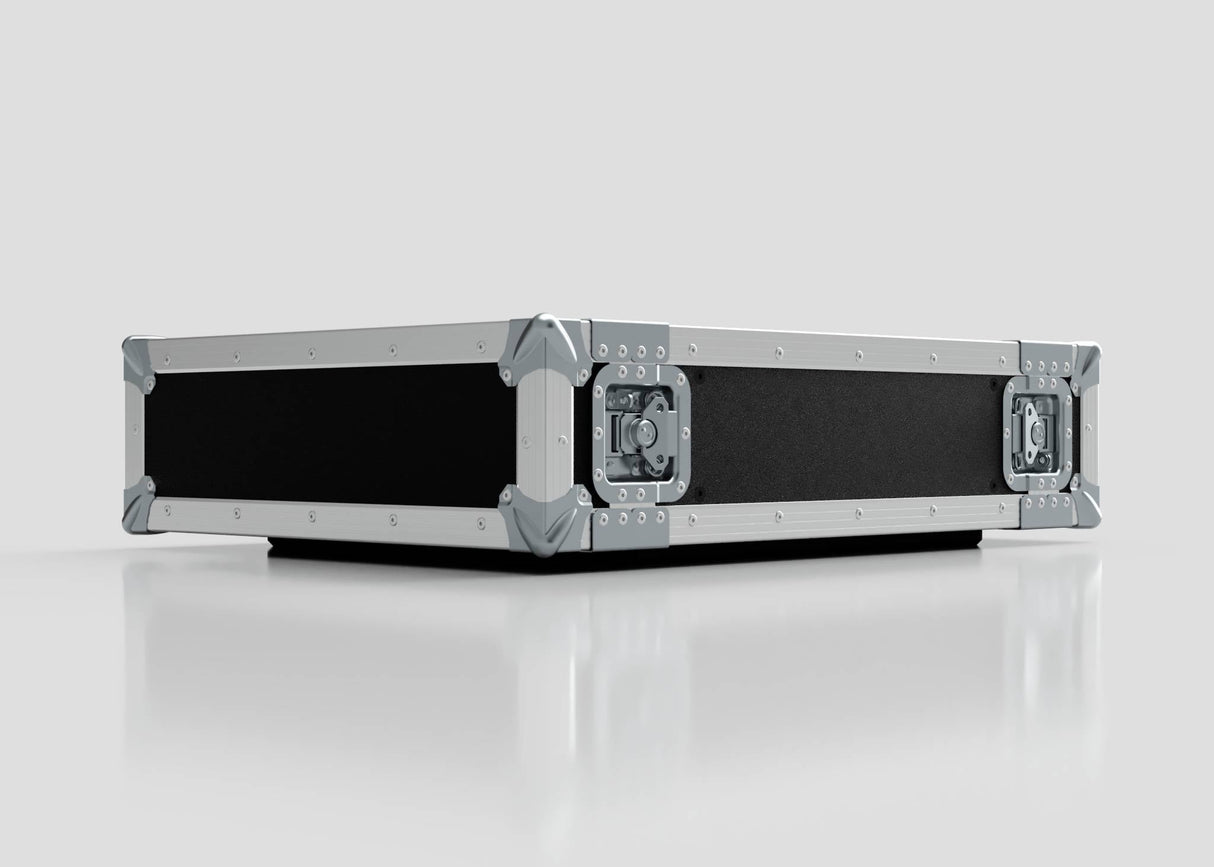The 3U Standard Rack Case, a black rectangular case with metal-reinforced corners and latches for equipment protection, is displayed on a reflective white surface with a plain light gray background.