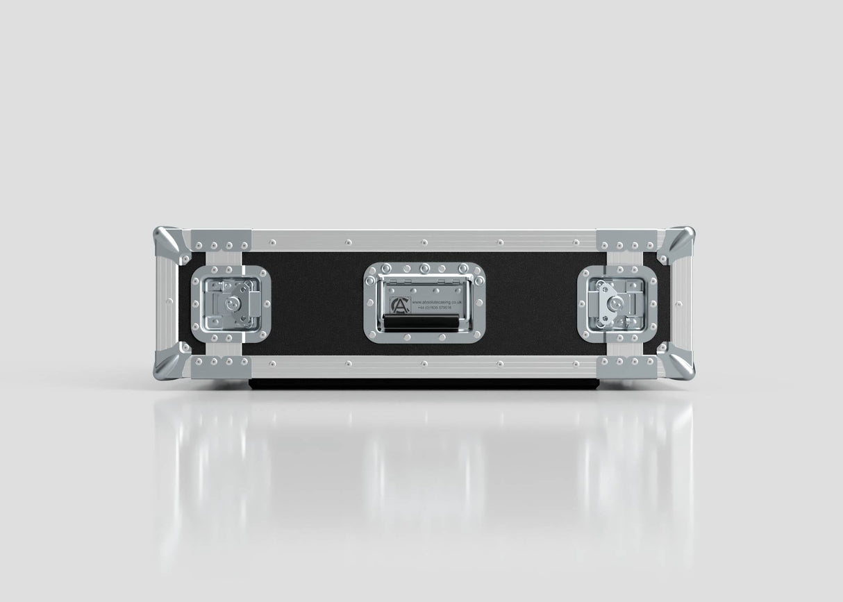 The 3U Suspended Shock Mounted Rack Case features a black and silver design with metal-reinforced edges and handle, plus suspended shock-mounted racks for extra protection, shown against a plain light background.