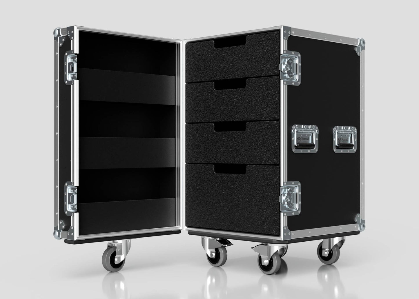 The 4 Drawer Tool Box Case with Lid Pockets features a black exterior with metal edges, four foam-lined drawers, shelves, and lid pockets. Its external dimensions are 683 x 557 x 937 mm, ideal for organized storage and secure transport.