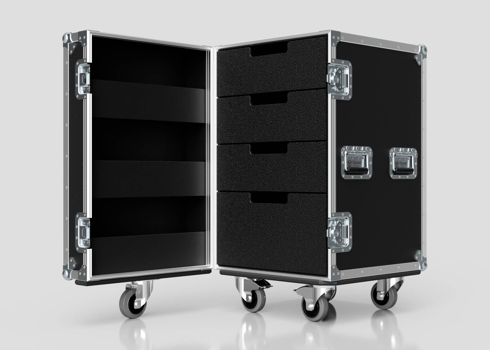 The 4 Drawer Tool Box Case with Lid Pockets features a black exterior with metal edges, four foam-lined drawers, shelves, and lid pockets. Its external dimensions are 683 x 557 x 937 mm, ideal for organized storage and secure transport.