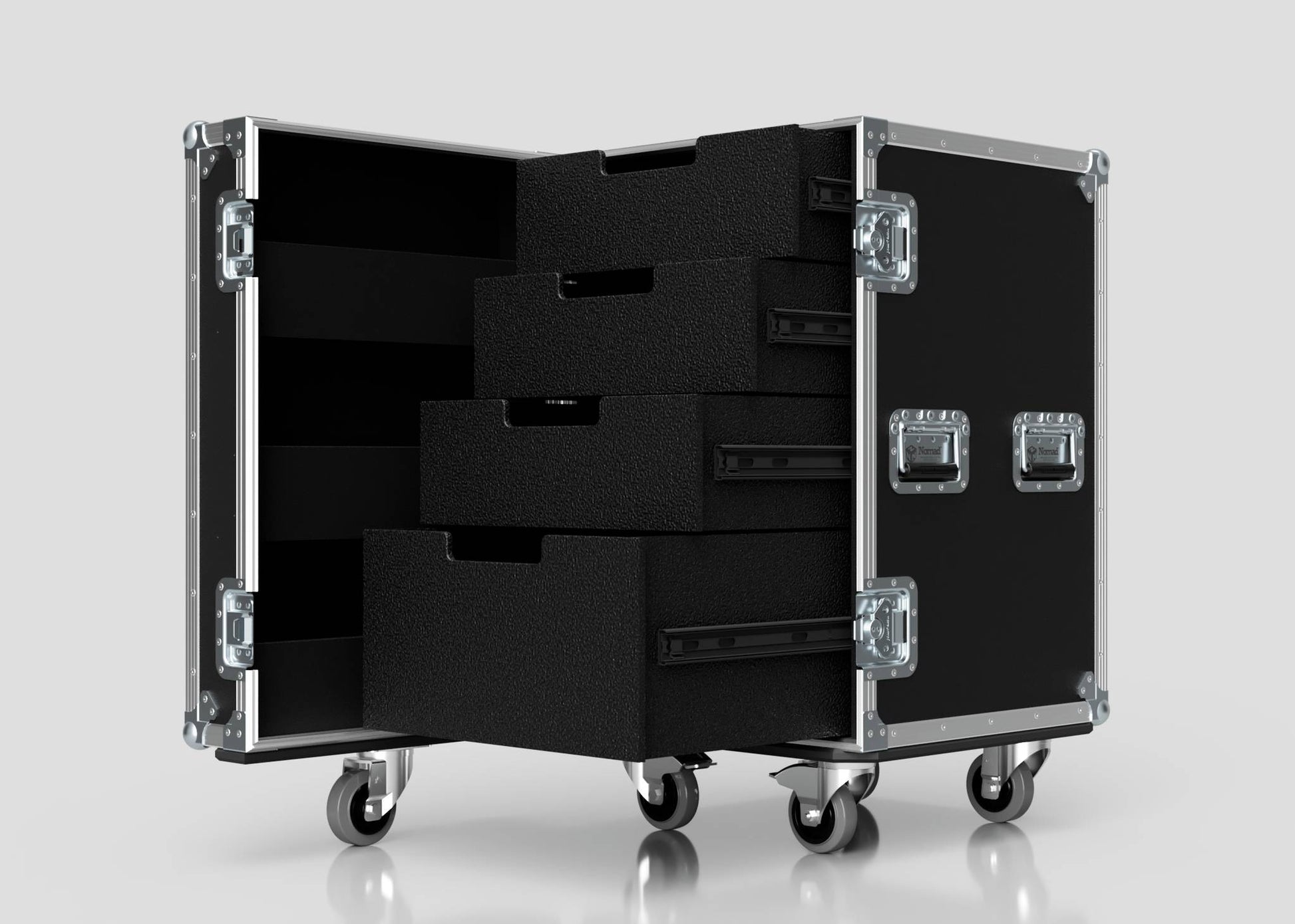 The 4 Drawer Tool Box Case with Lid Pockets, in black with metal edges and handles, features four foam-lined sliding drawers and sits on caster wheels. Shown open against a plain background. Size: 683 x 557 x 937 mm.