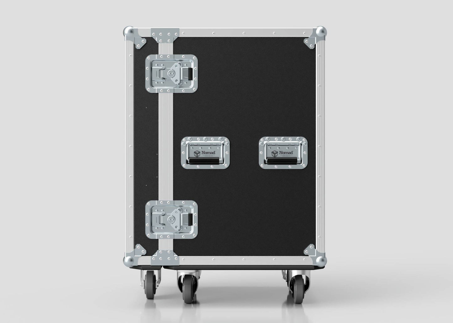 A 4 Drawer Tool Box Case with Lid Pockets, black and silver with metal reinforced corners, latches, and two handles, is shown against a plain light gray background. Its external dimensions are 683 x 557 x 937 mm.