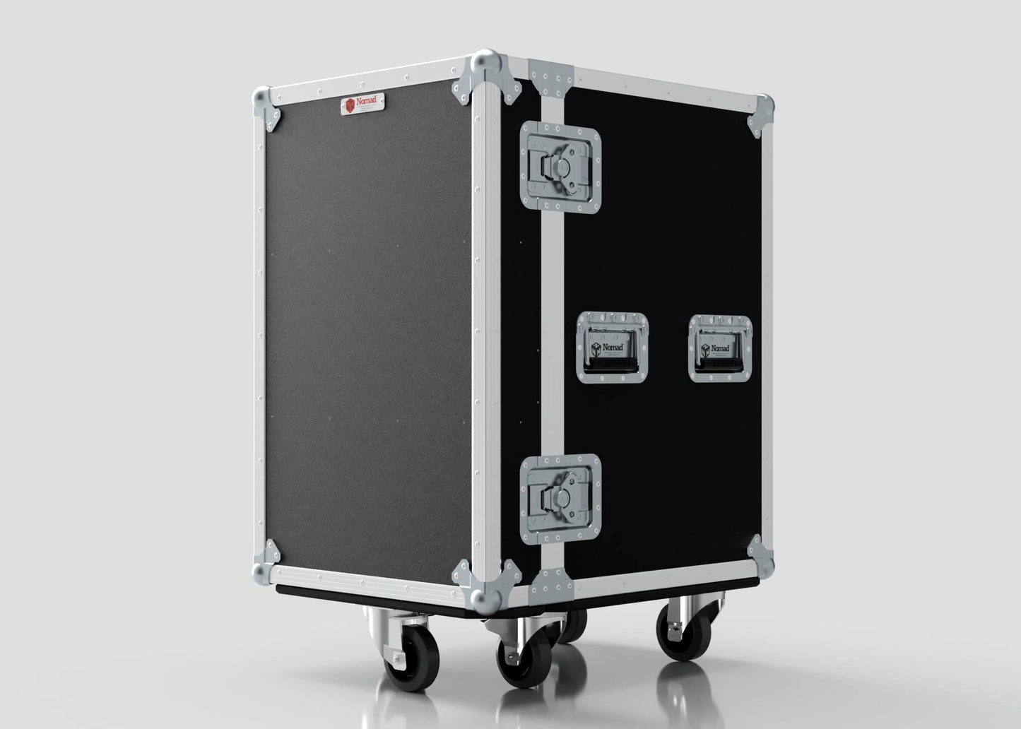4 Drawer Tool Box Case with Lid Pockets: black rectangular hard case with metal edges, handles, and four caster wheels for equipment transport. External dimensions: 683 x 557 x 937 mm.