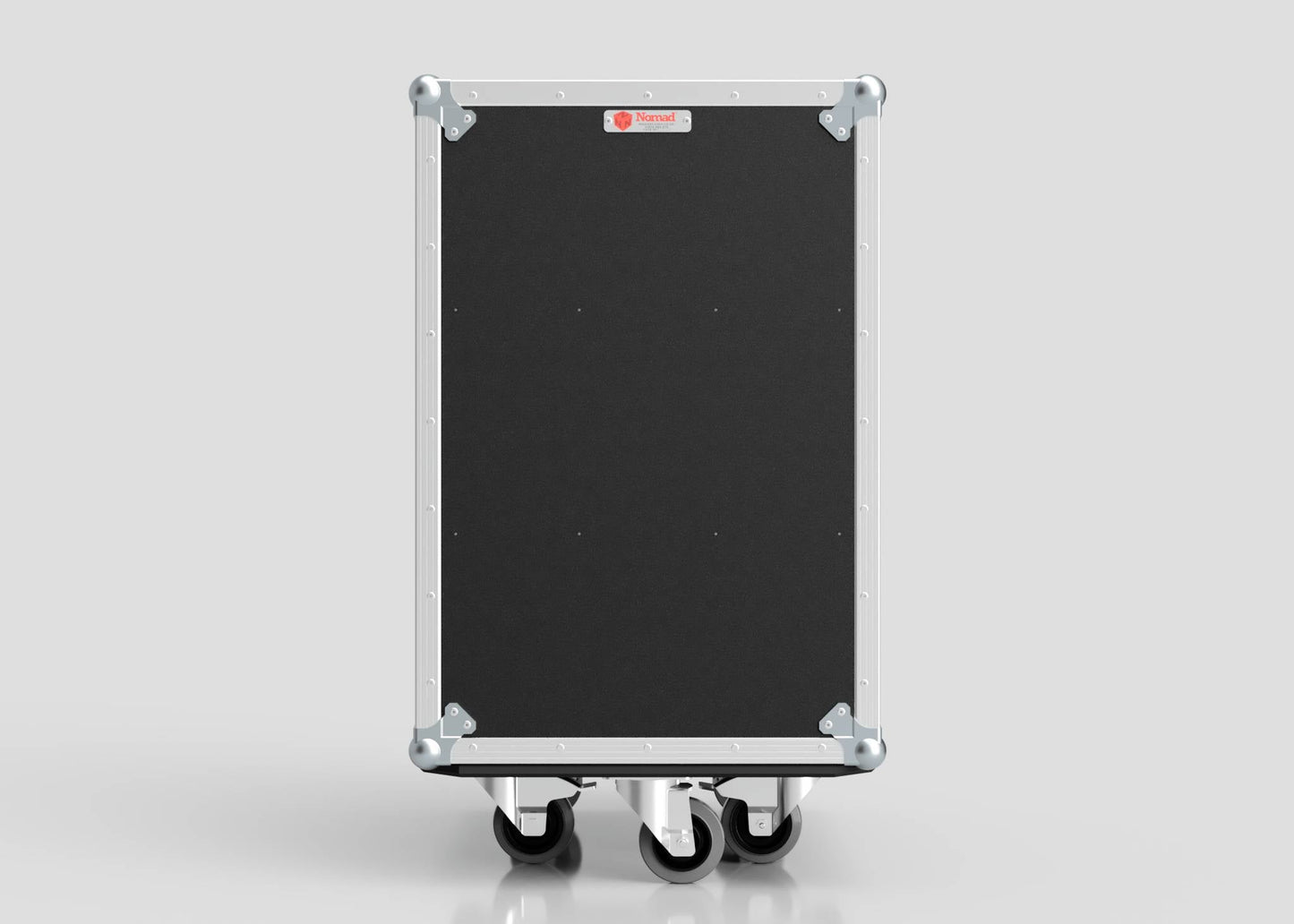 A large, rectangular black 4 Drawer Tool Box Case with Lid Pockets featuring metal edges and four caster wheels, photographed against a plain light background. External dimensions: 683 x 557 x 937 mm.