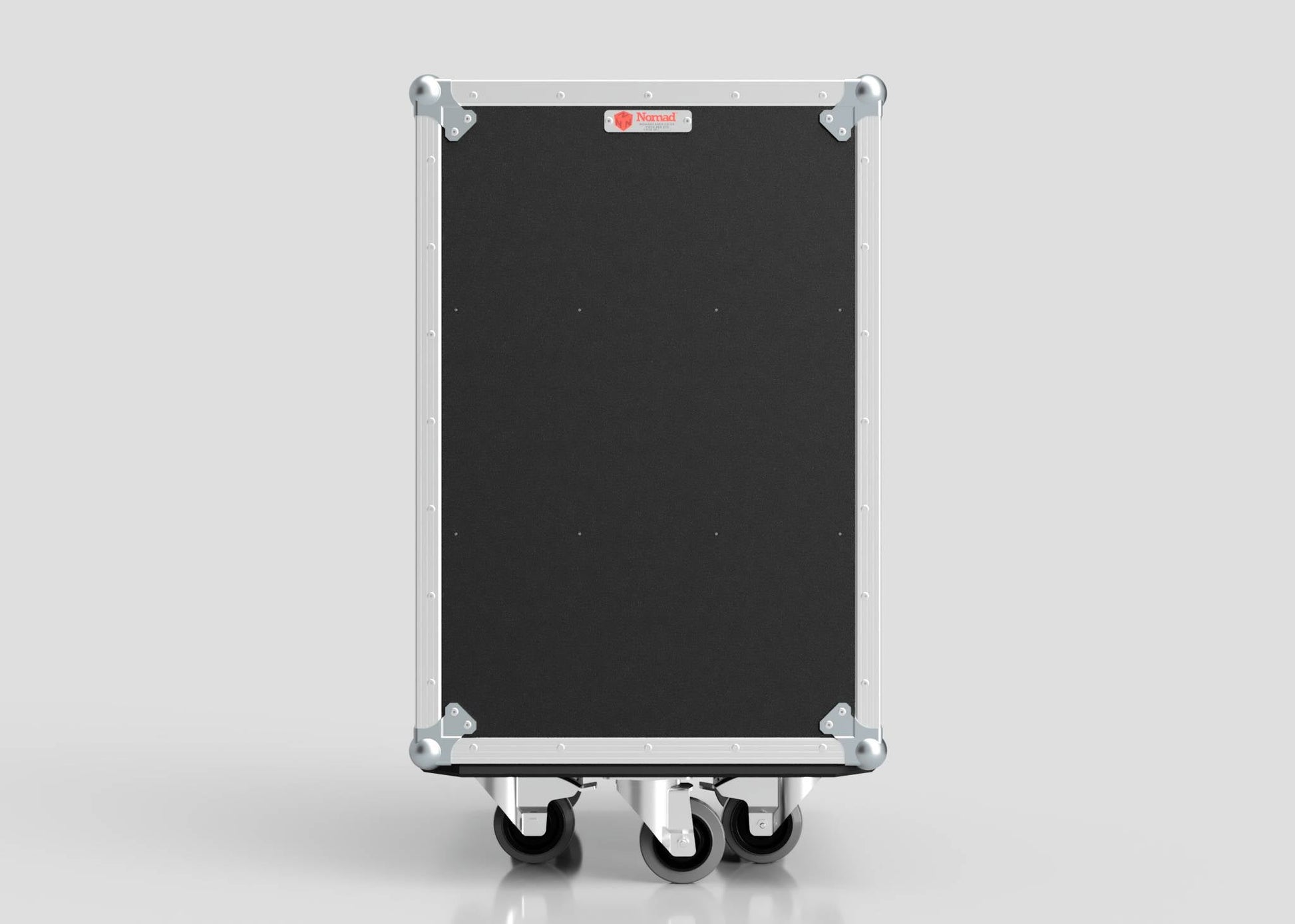 A large, rectangular black 4 Drawer Tool Box Case with Lid Pockets featuring metal edges and four caster wheels, photographed against a plain light background. External dimensions: 683 x 557 x 937 mm.