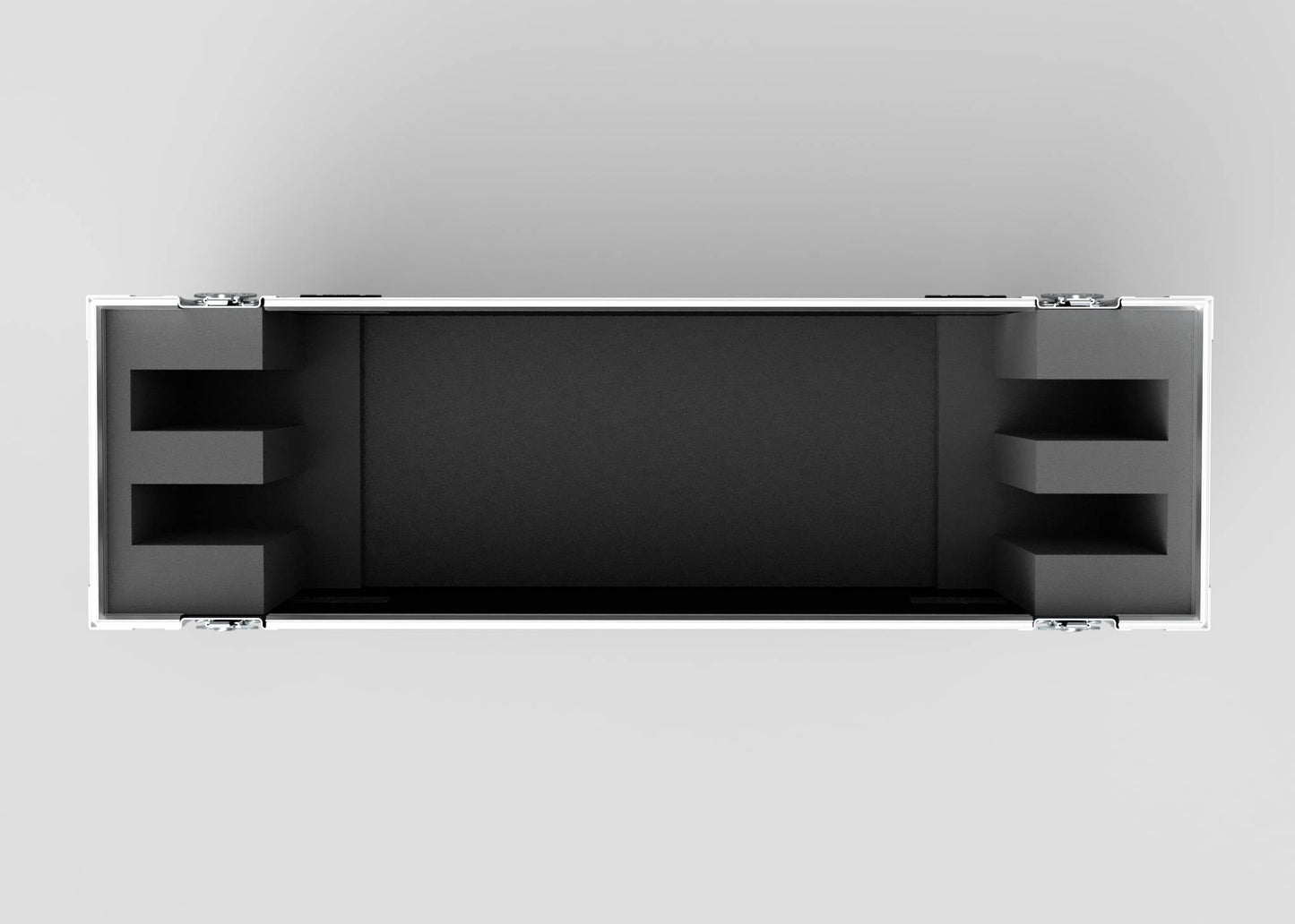 Top-down view of an empty, rectangular 40" Double Screen Case in black and white, featuring foam compartments at both ends, set against a plain light background.