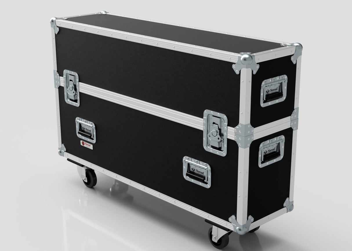 The 42" Double Screen Case is a large black and silver hard case on wheels with metal reinforcements and latches, designed for secure equipment transport.