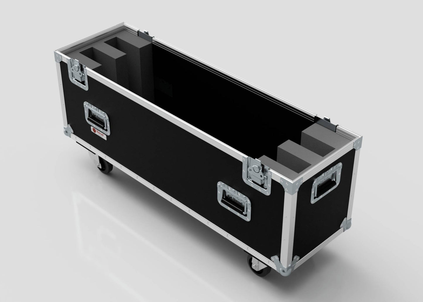 The 43" Double Screen Case is a black rolling equipment case with metal edges, reinforced corners, handles, and interior foam padding, shown on a light gray background.