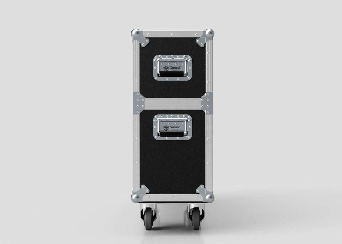 The 43" Single Screen Case is a black and silver metal case with handles, two latches, and four wheels, shown standing upright against a plain white background.