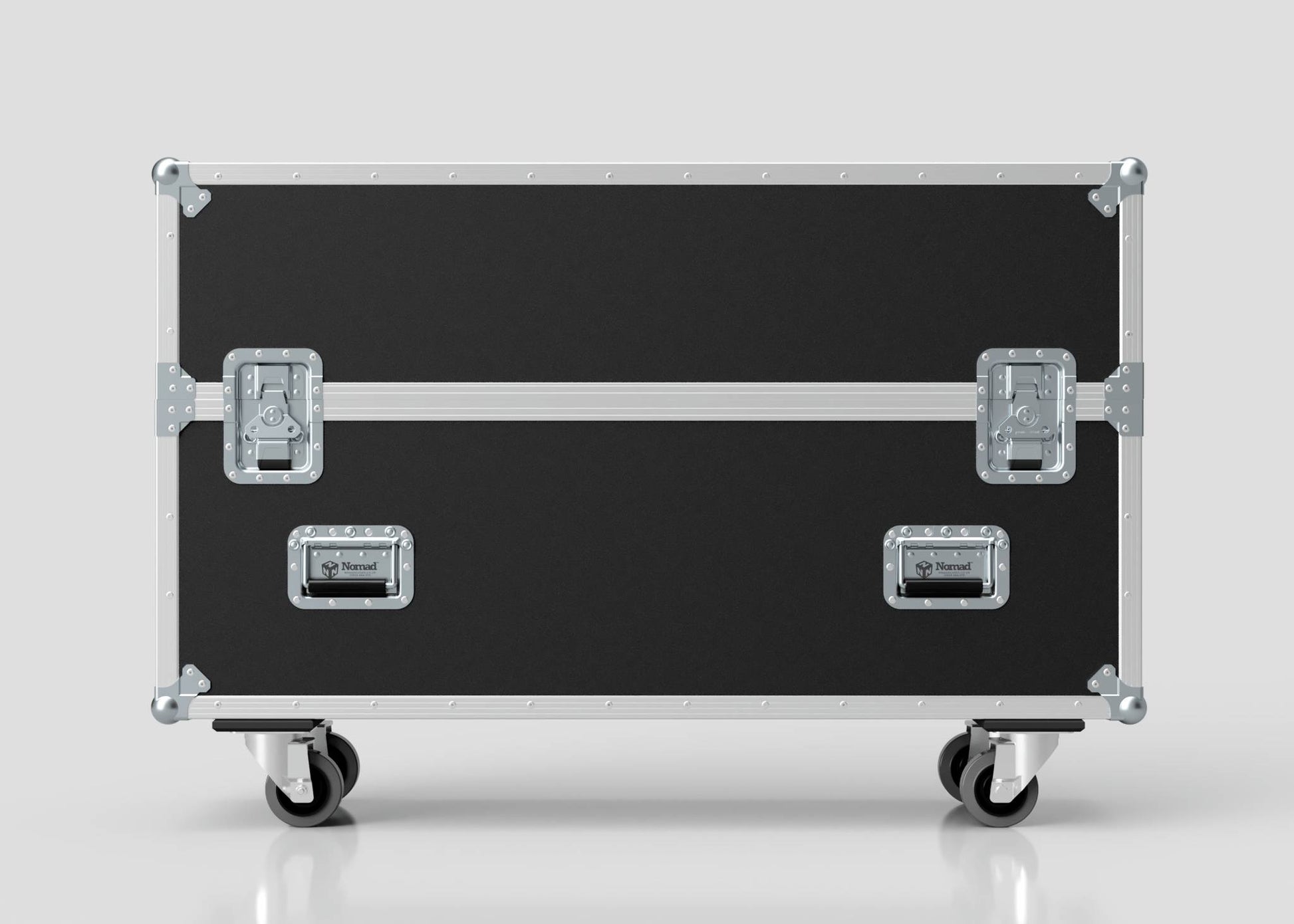 The 43" Single Screen Case is a large black equipment case with metal reinforcements, handles, two latches, and four caster wheels, shown against a plain background.