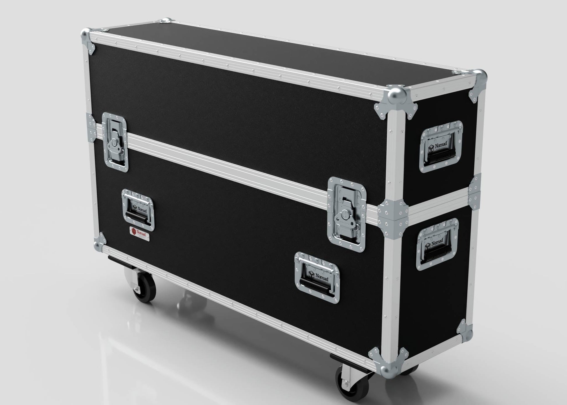 A 46" Double Screen Case with metal edges, reinforced corners, four latches, and wheels stands on a plain white background.