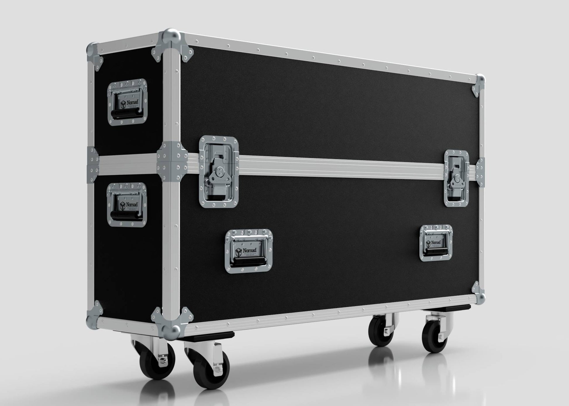 The 49" Single Screen Case is a large black and silver flight case with metal reinforcements, handles, secure latches, and four caster wheels, shown against a plain light background.