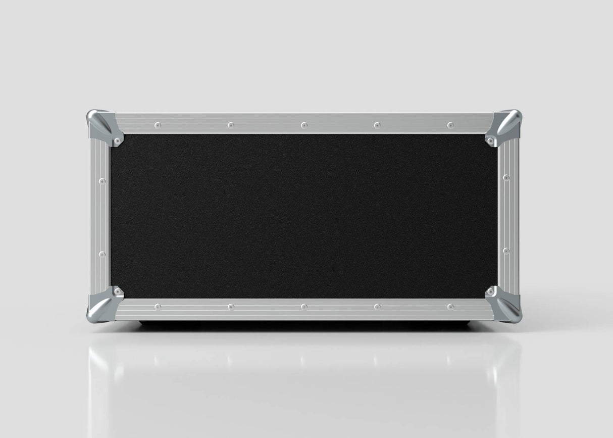 The 4U Foam Shock Mounted 19" Rack Case, featuring a rectangular black and silver design with metal-reinforced corners and rivets, is shown against a plain, light gray background.