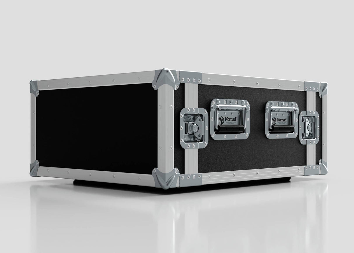A 4U Foam Shock Mounted 19" Rack Case in black and silver with metal reinforced corners and two front latches, shown on a plain white surface.