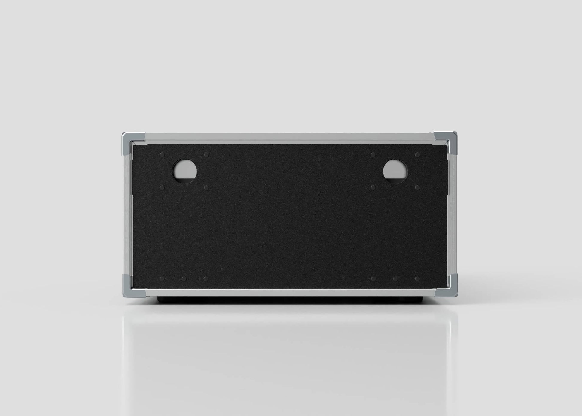The 4U Shock Mount Slam Rack Case is a rectangular external storage box with a metal and black panel enclosure, featuring two circular cutouts, shown front-facing on a white background.