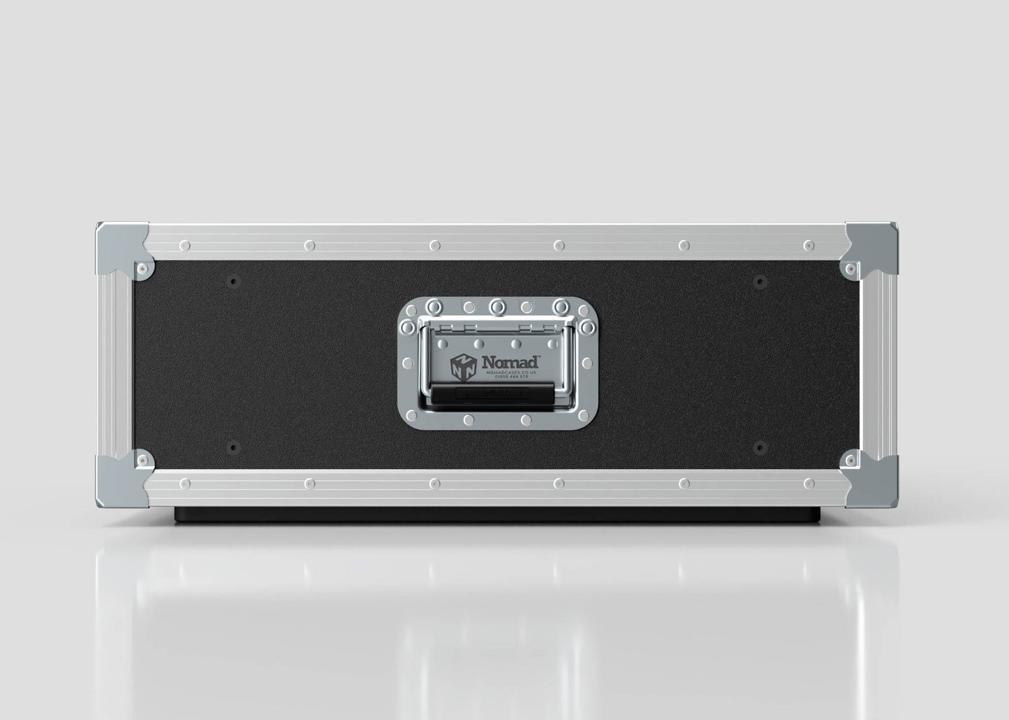 A 4U Slam Rack Case, black and silver with metal edges and a central handle, is shown against a plain light background.