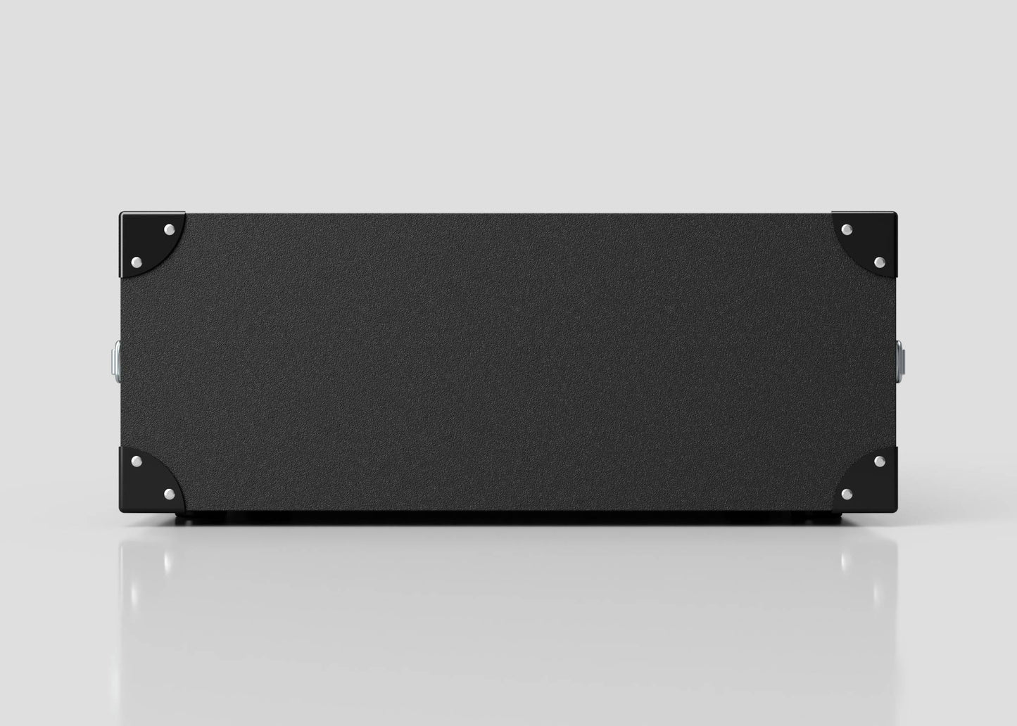 A 4U Standard Poly Rack Case, featuring a black rectangular design with metal corner protectors, is placed on a reflective surface against a plain light gray background.