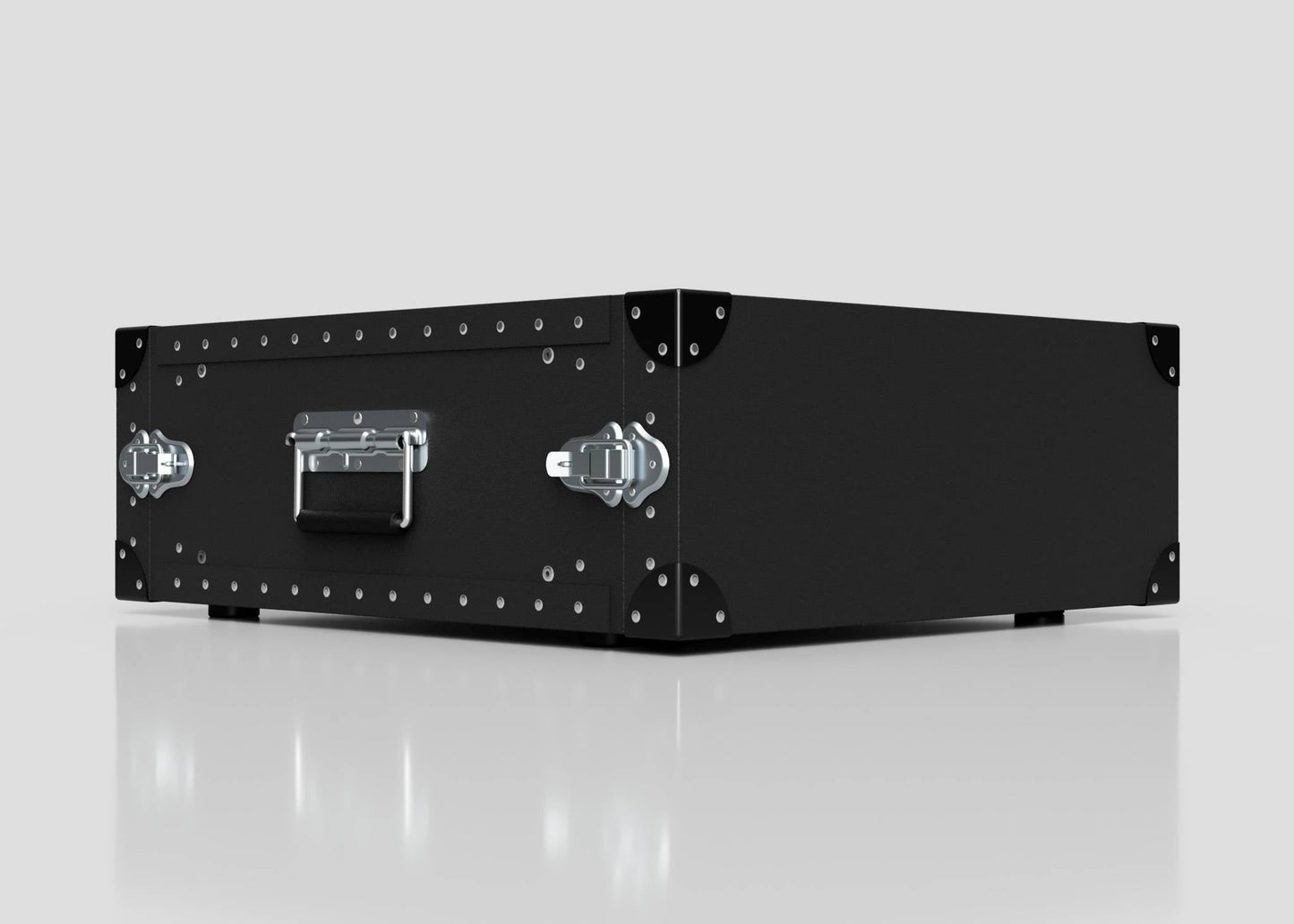 A 4U Standard Poly Rack Case, black and rectangular with silver latches and a handle, sits on a reflective light gray surface.