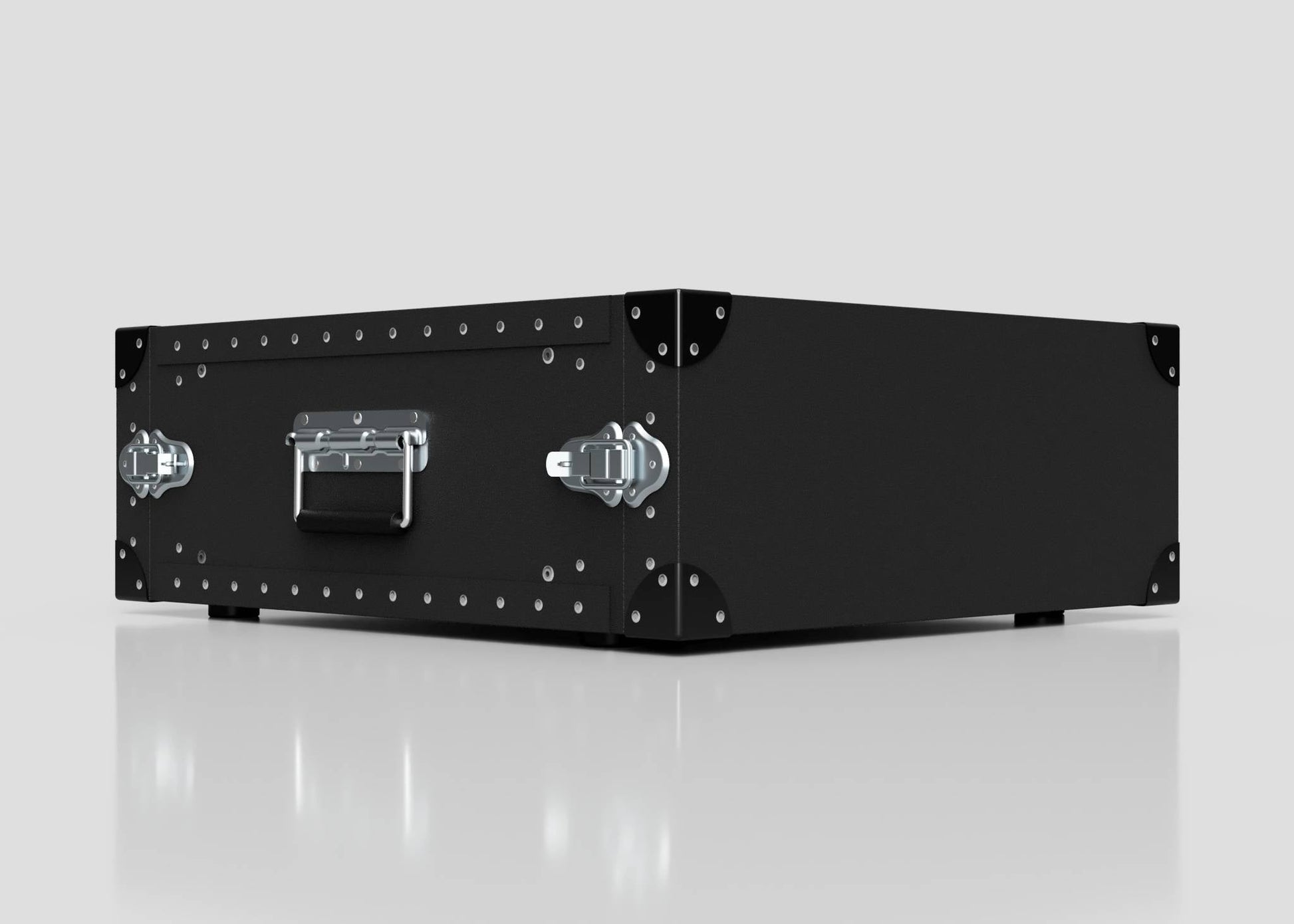 A 4U Standard Poly Rack Case, black and rectangular with silver latches and a handle, sits on a reflective light gray surface.