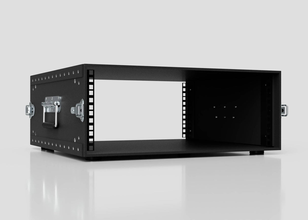 A 4U Lite Guard™ Standard Rack Case, a lightweight black HDPE 19-inch rackmount enclosure with side handles and an open front, shown on a white reflective surface.
