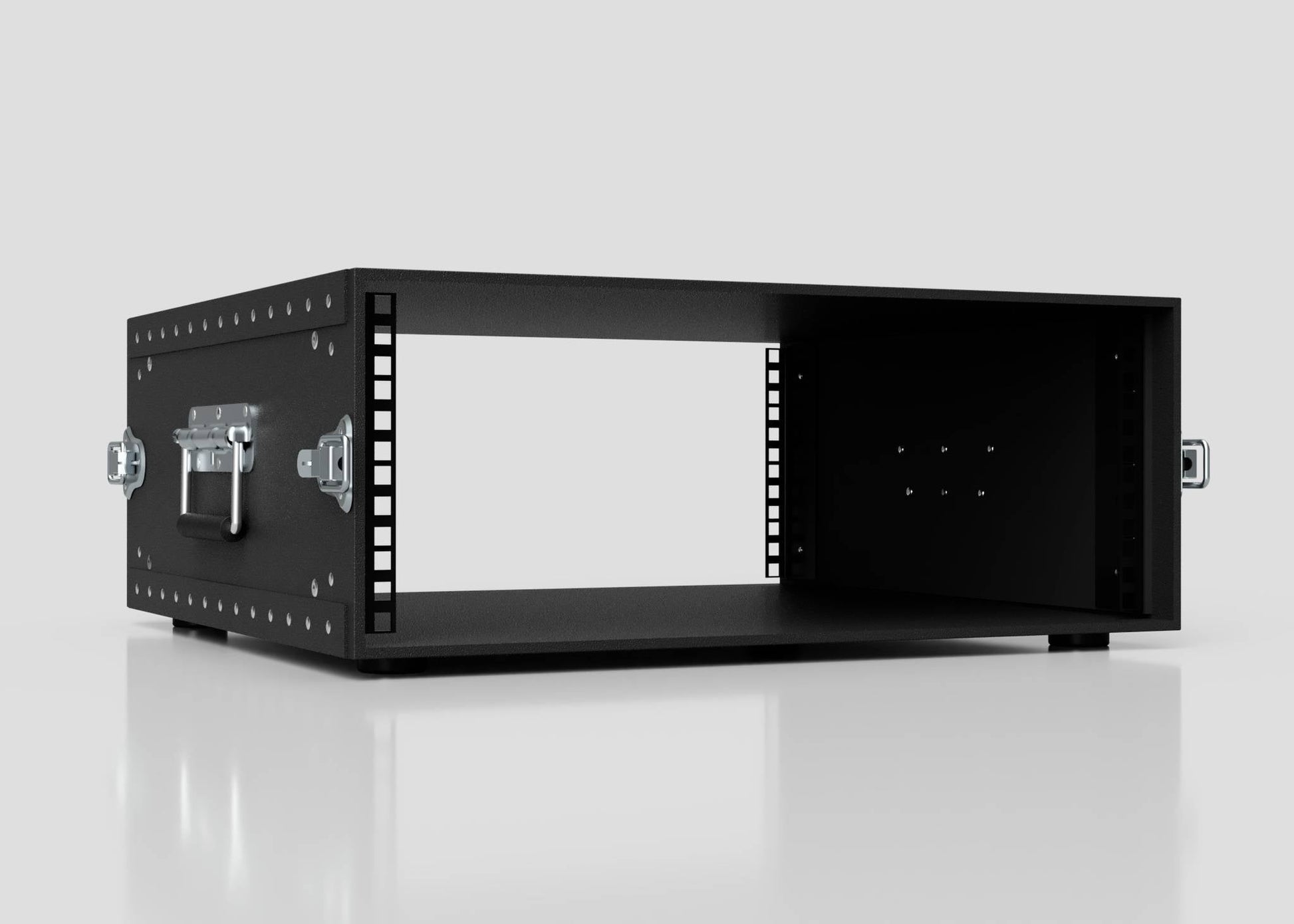 The 4U Standard Poly Rack Case is a black metal rackmount case with rack rail handles on both sides, an open front and back, and multiple mounting holes along the front edges, displayed on a white background.
